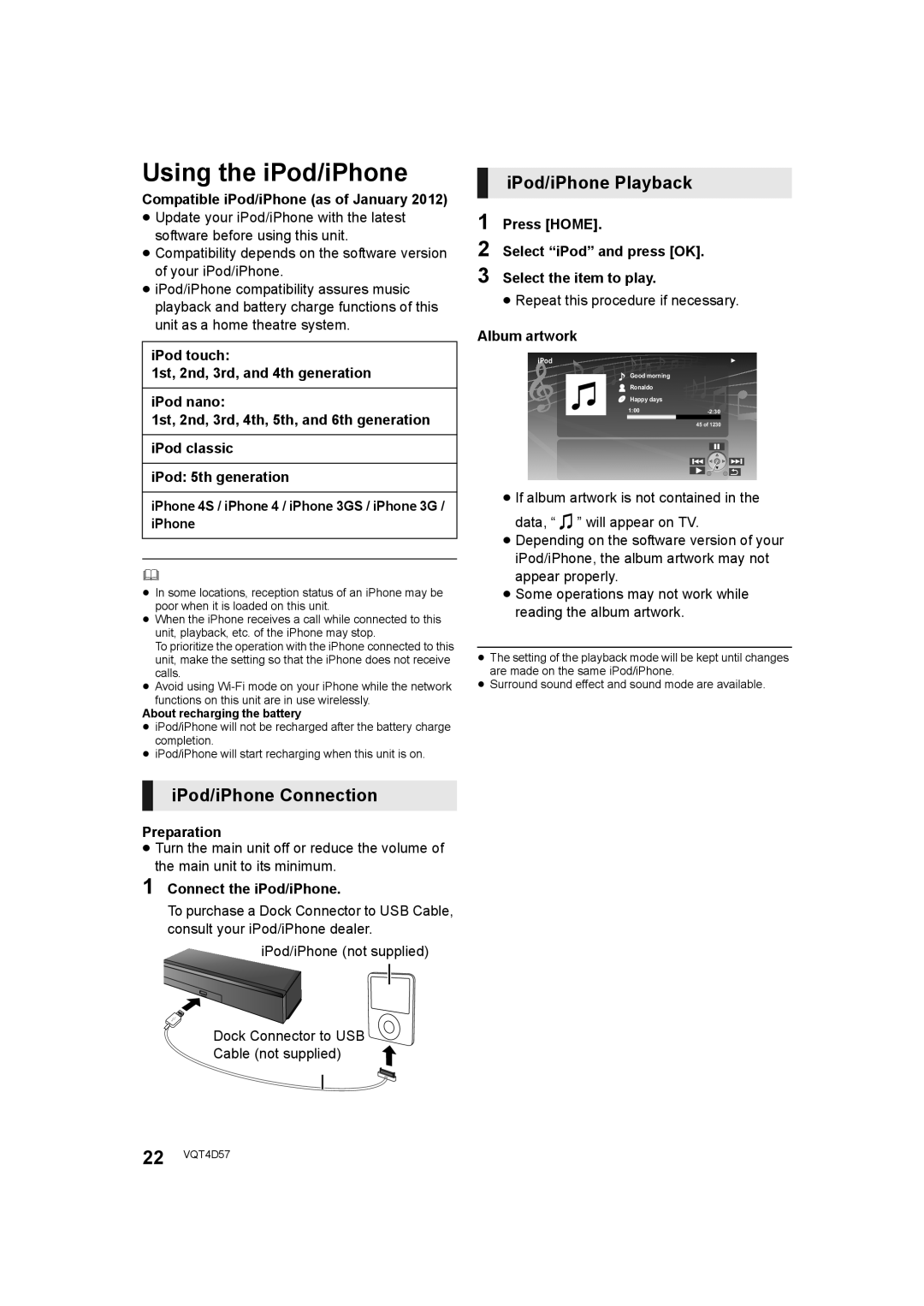 Panasonic SC-BTT190 manual Using the iPod/iPhone, iPod/iPhone Connection, iPod/iPhone Playback 