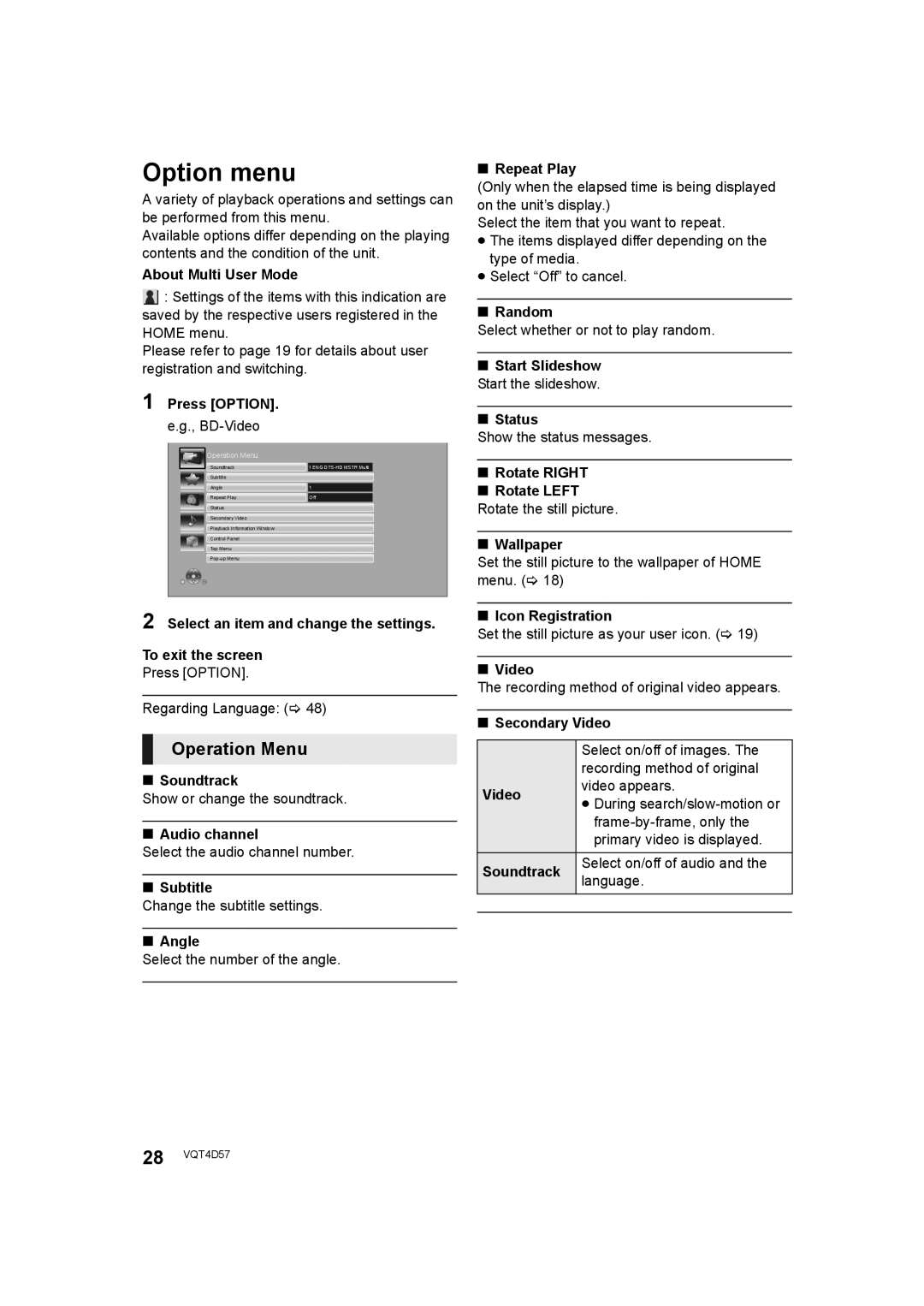 Panasonic SC-BTT190 manual Option menu, Operation Menu 