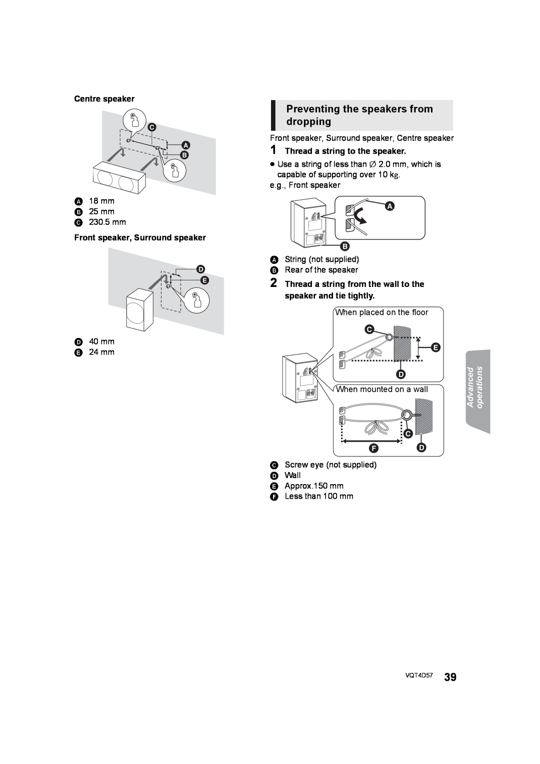 Panasonic SC-BTT190 manual Preventing the speakers from dropping,   ,   ,   , Advanced, operations 