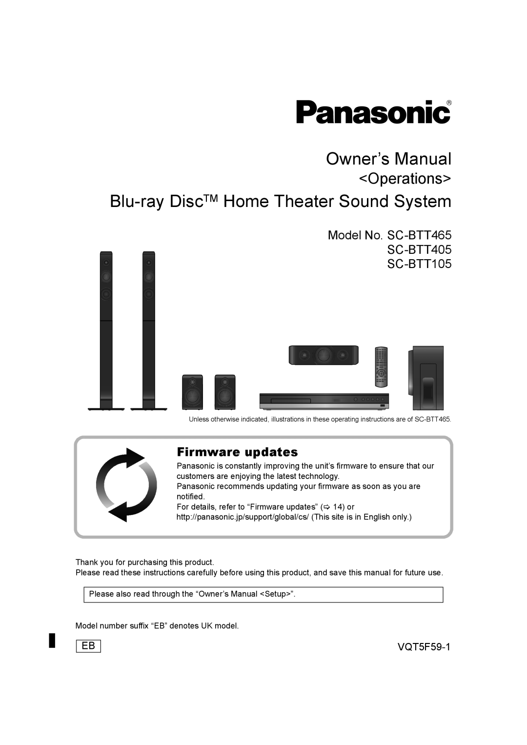 Panasonic SC-BTT465, SC-BTT405, SC-BTT105 owner manual Blu-ray DiscTM Home Theater Sound System 