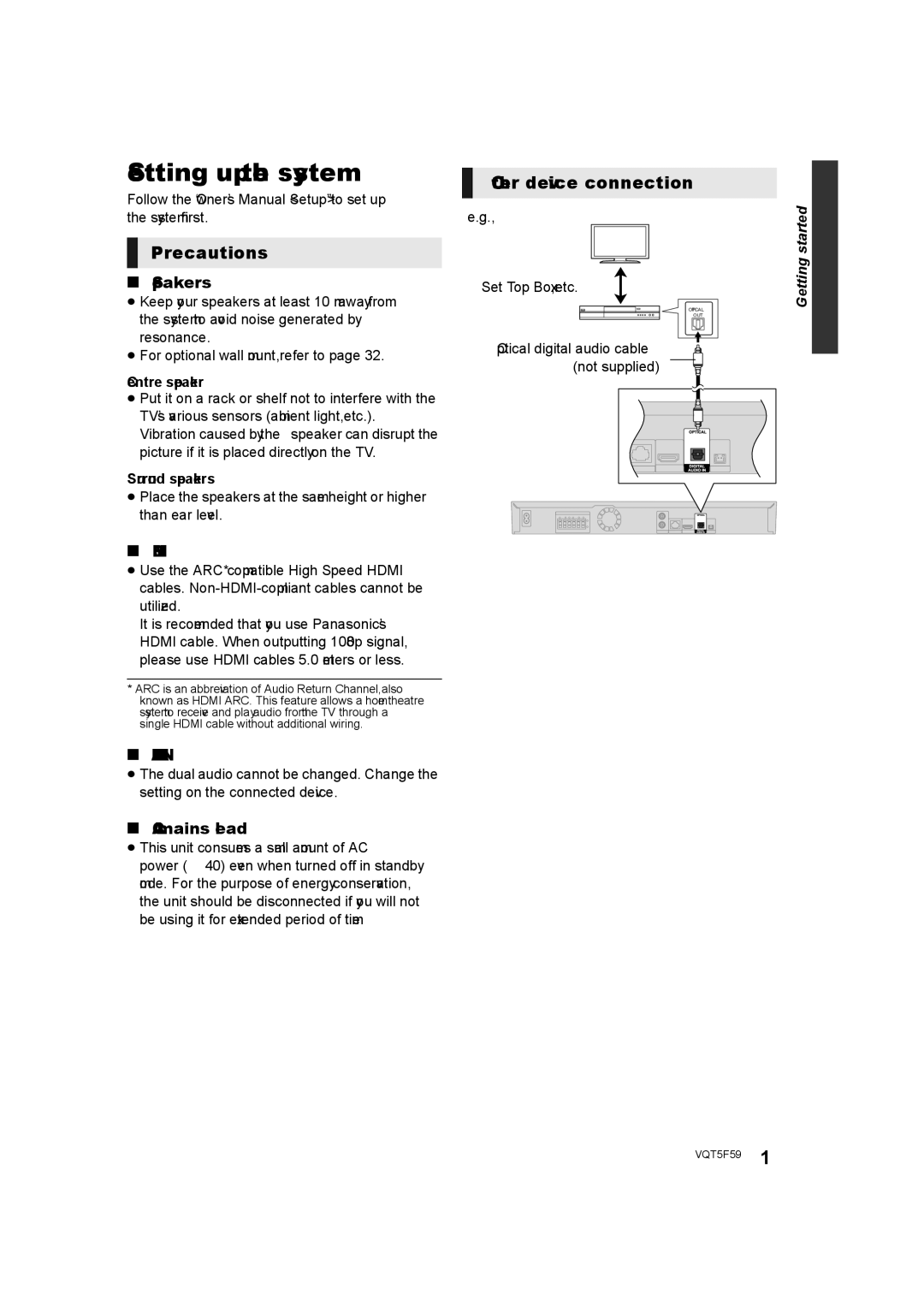 Panasonic SC-BTT105, SC-BTT405 Setting up the system, Precautions, Other device connection, Speakers, AC mains lead 