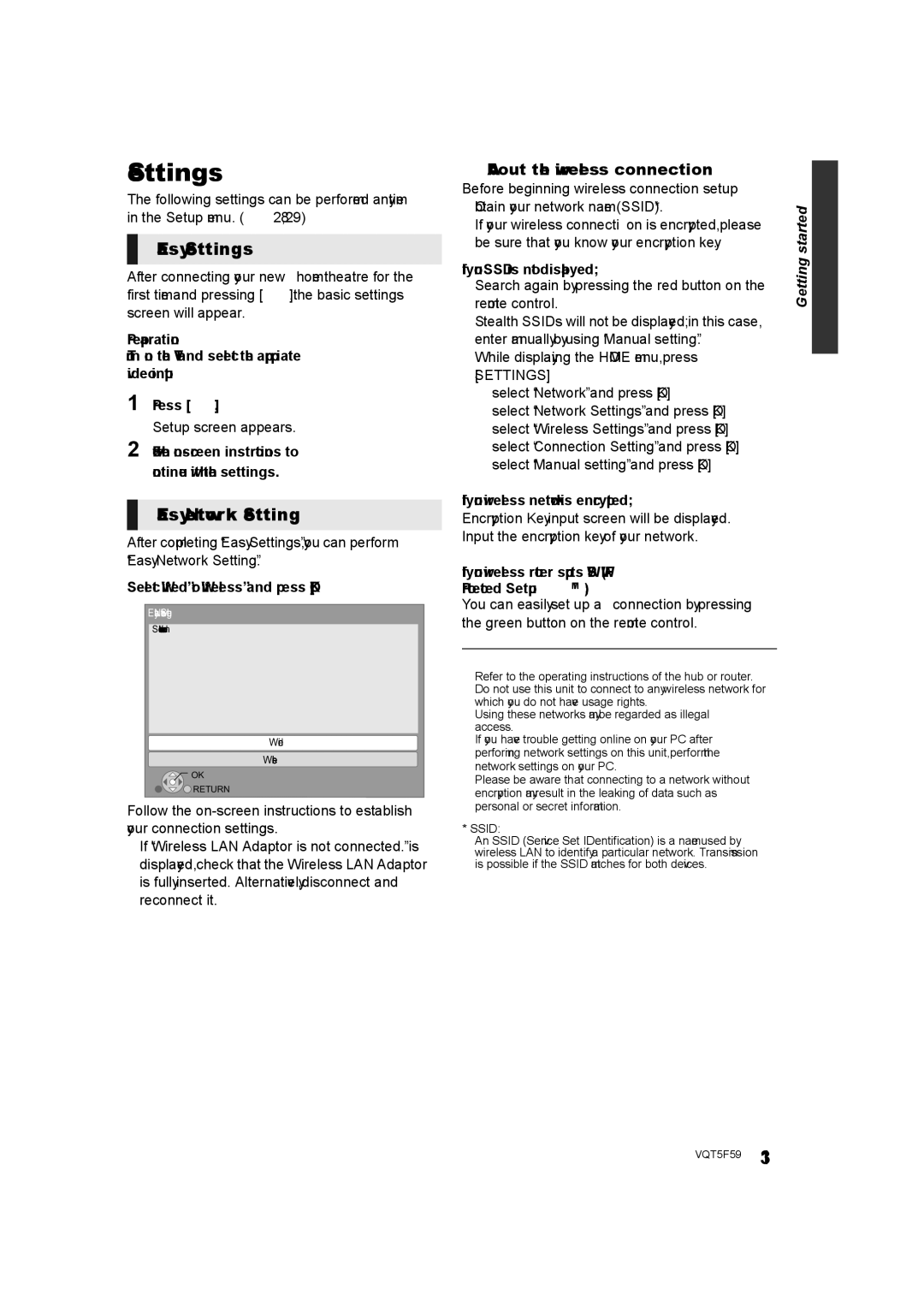 Panasonic SC-BTT465, SC-BTT405, SC-BTT105 owner manual Easy Settings, Easy Network Setting, About the wireless connection 