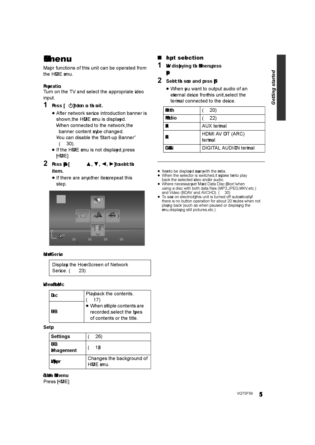 Panasonic SC-BTT405, SC-BTT465, SC-BTT105 owner manual Home menu, Input selection 