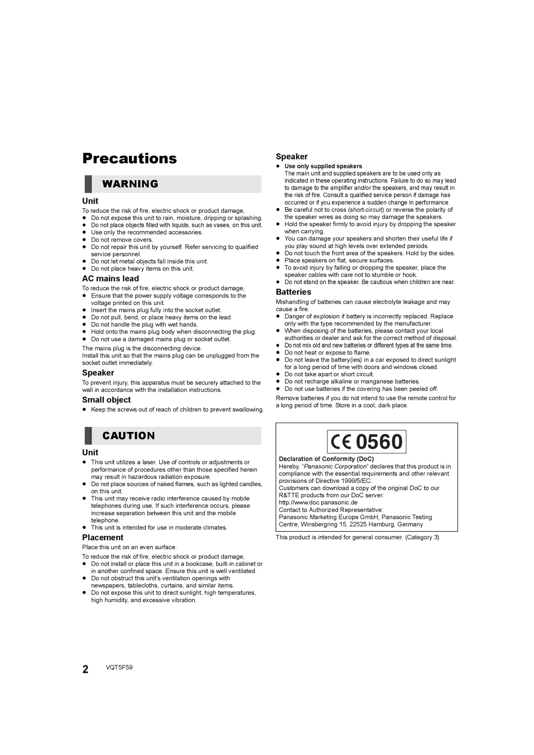 Panasonic SC-BTT105, SC-BTT405, SC-BTT465 owner manual Precautions 