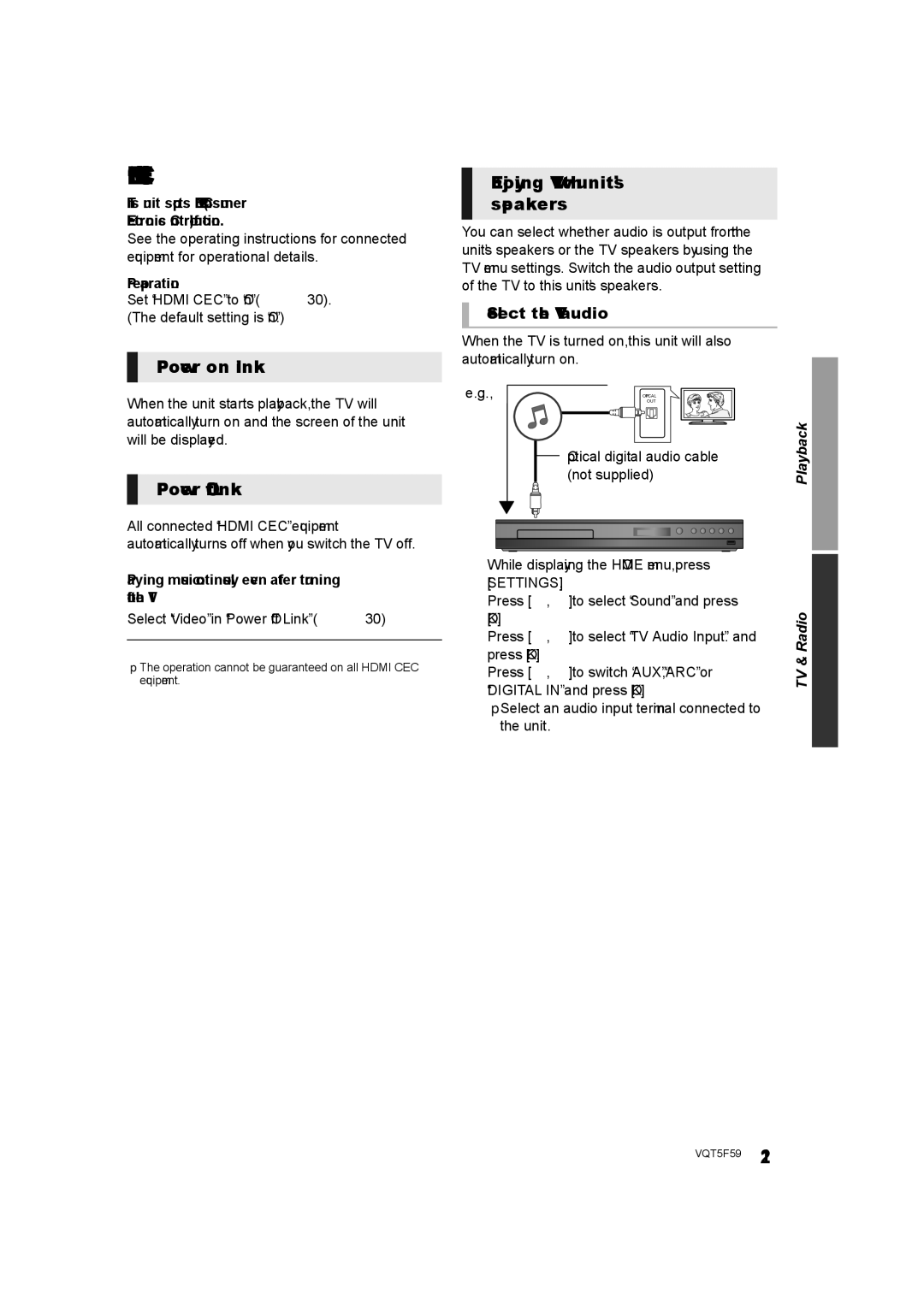 Panasonic SC-BTT405, SC-BTT465 Power on link, Power Off Link Enjoying TV with unit’s speakers, Select the TV audio 