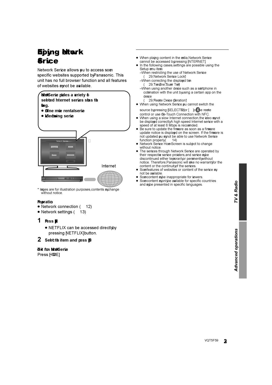 Panasonic SC-BTT105 Enjoying Network Service, Press Internet, Select the item and press OK To exit from Network Service 