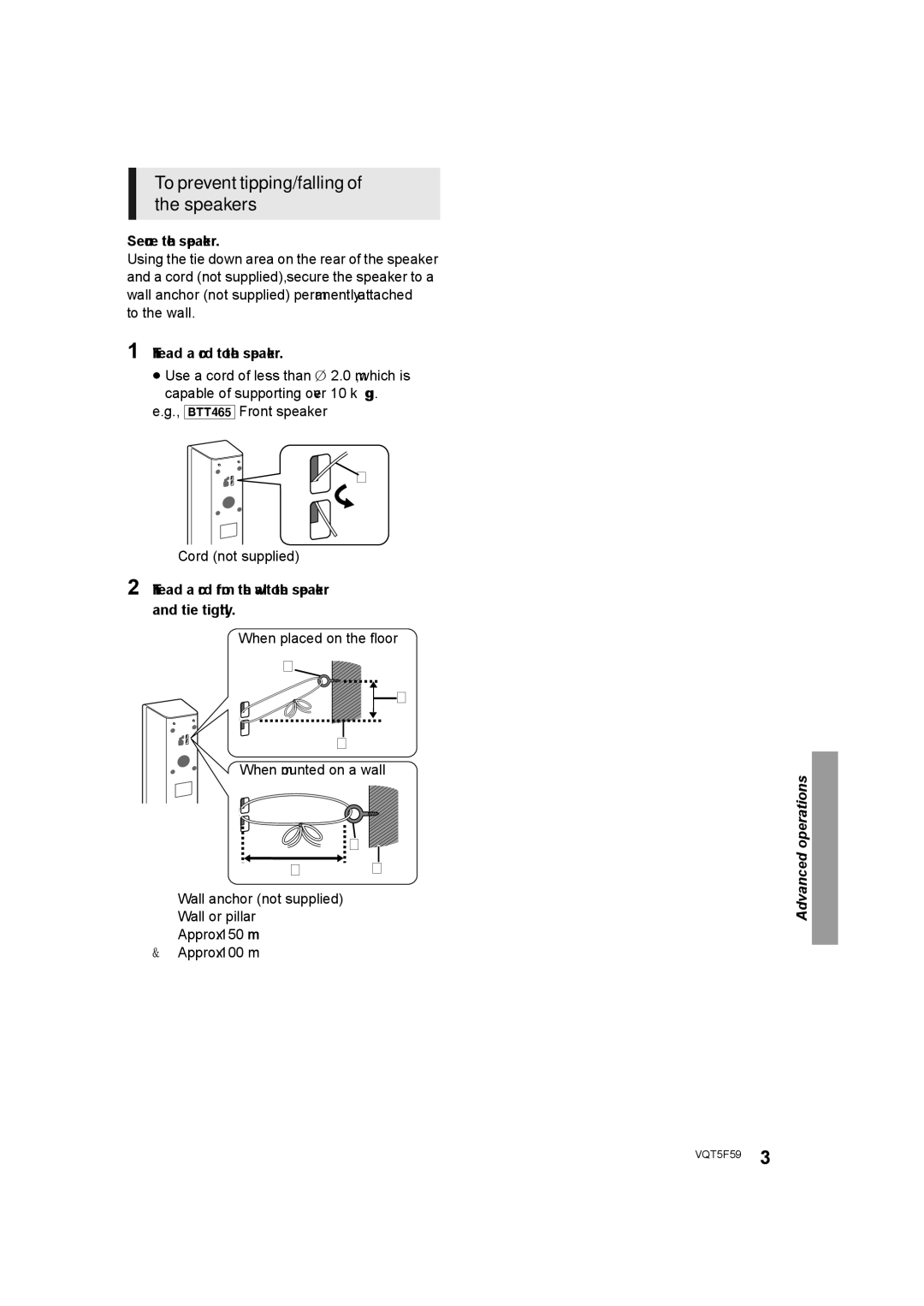 Panasonic SC-BTT405 To prevent tipping/falling of the speakers,   , Secure the speaker, Thread a cord to the speaker 