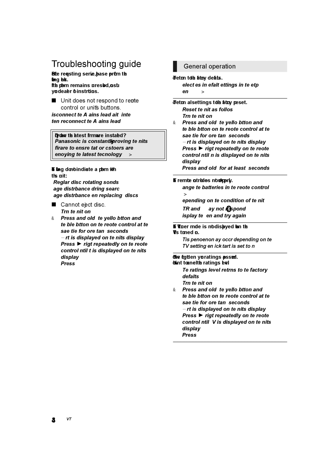 Panasonic SC-BTT465 Troubleshooting guide, General operation, Unit does not respond to remote Control or unit’s buttons 