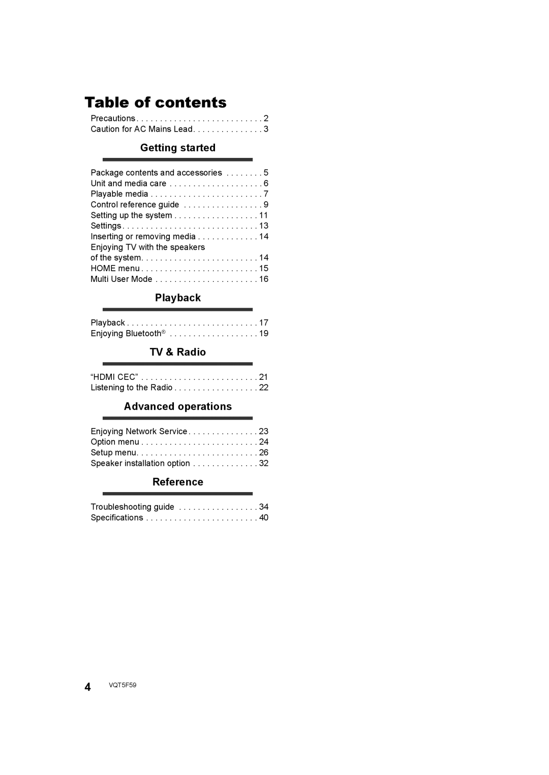 Panasonic SC-BTT465, SC-BTT405, SC-BTT105 owner manual Table of contents 