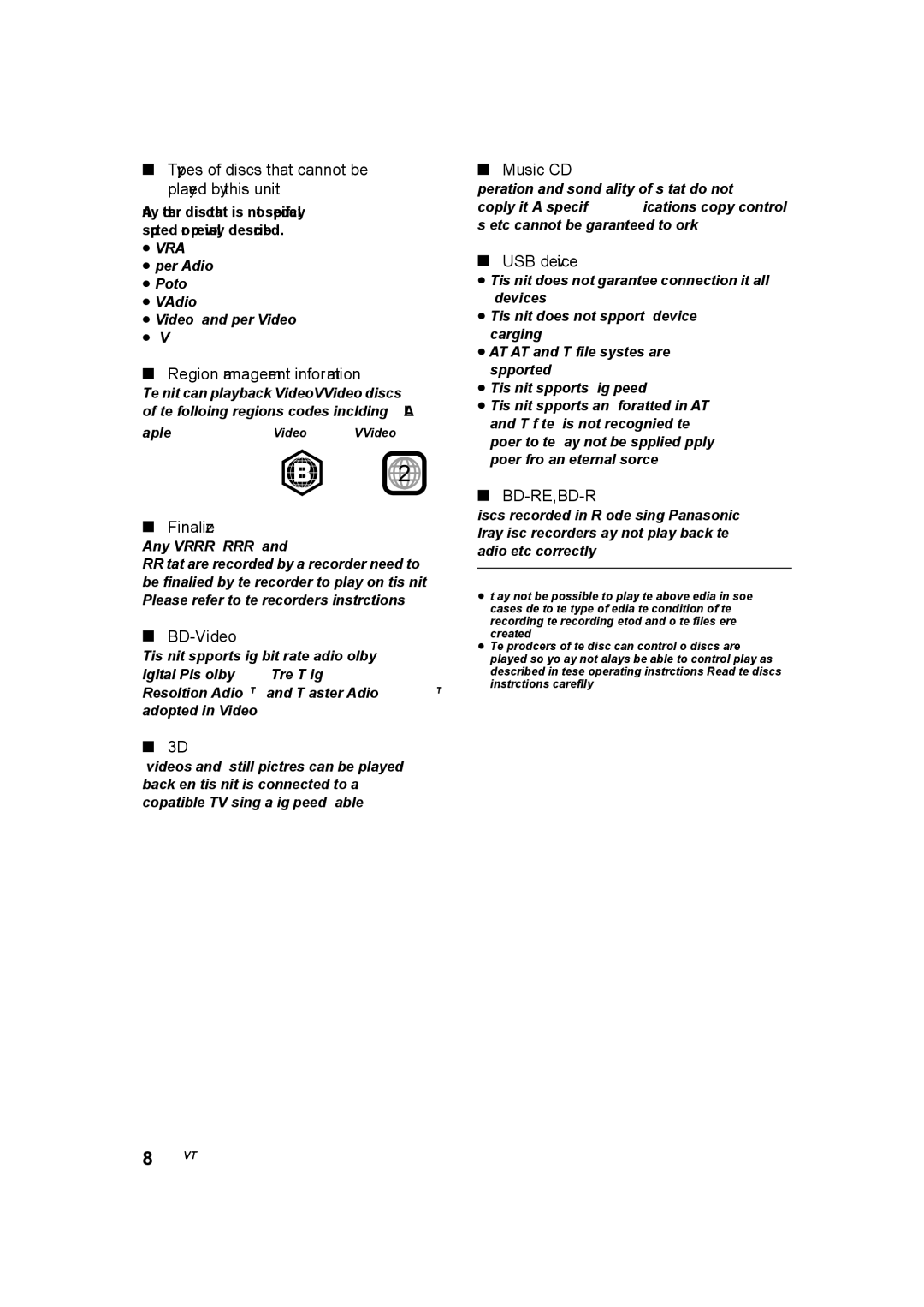 Panasonic SC-BTT105 Types of discs that cannot be played by this unit, Region management information, Finalize, BD-Video 