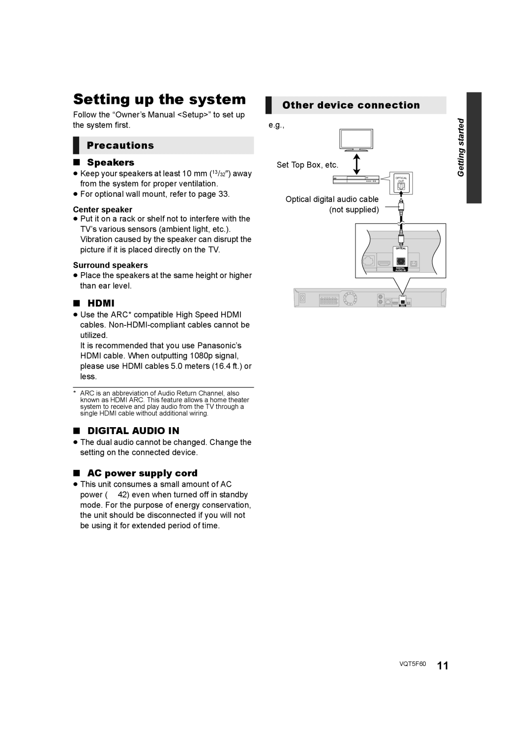 Panasonic SC-BTT466, SC-BTT405 Setting up the system, Precautions, Other device connection, Speakers, AC power supply cord 