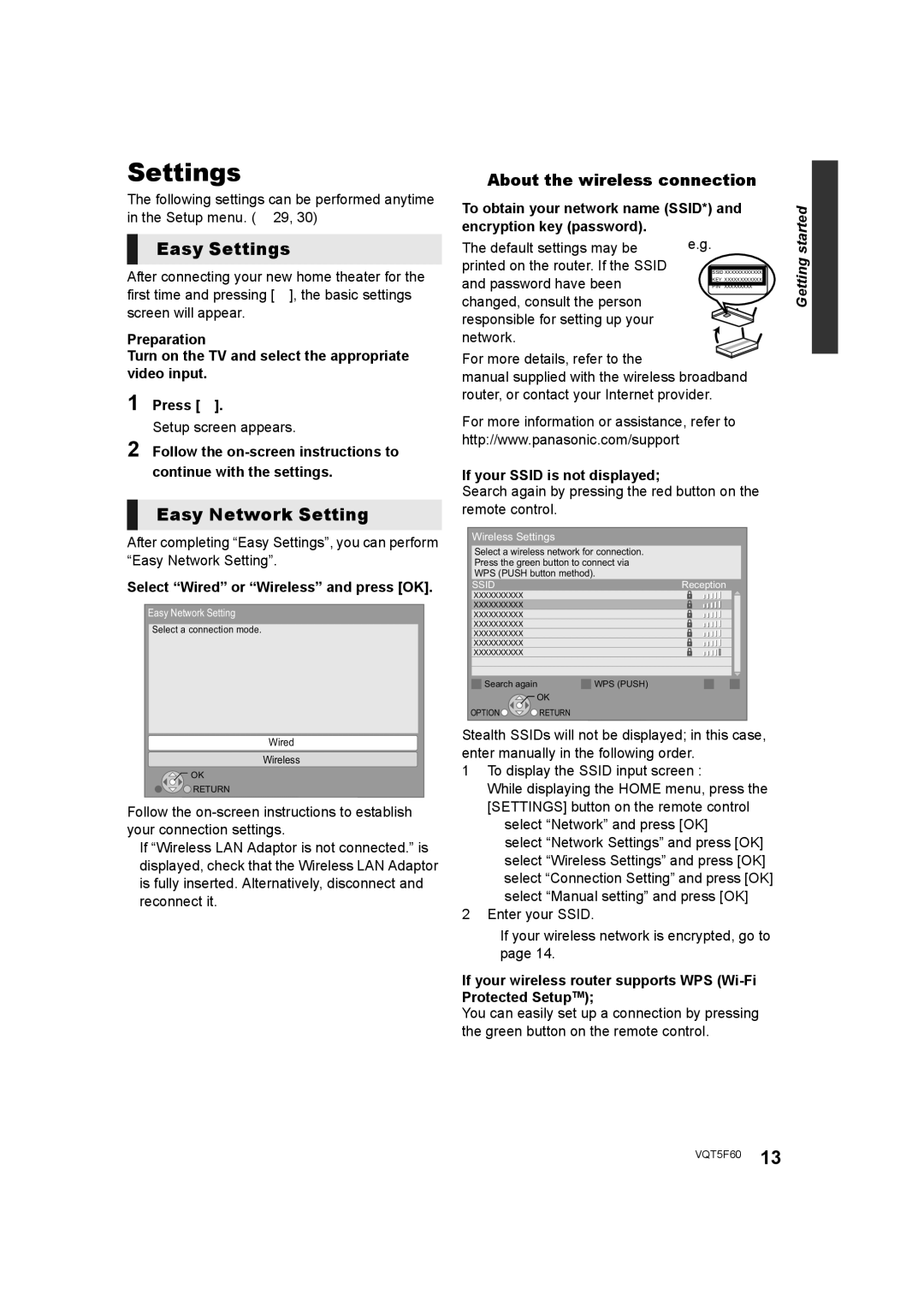 Panasonic SC-BTT465, SC-BTT405, SC-BTT466 owner manual Easy Settings, Easy Network Setting, About the wireless connection 