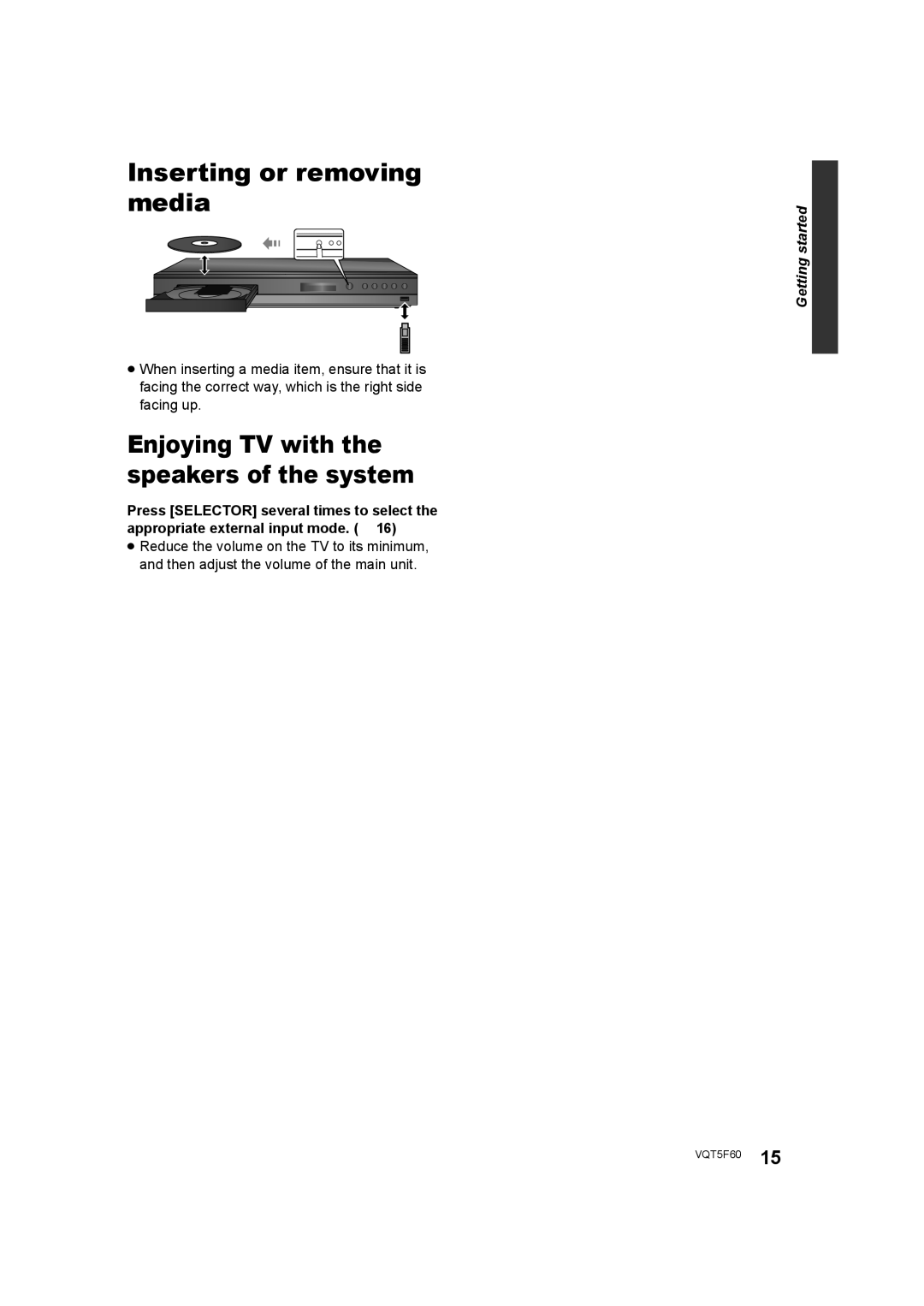 Panasonic SC-BTT405, SC-BTT465, SC-BTT466 Inserting or removing media, Enjoying TV with the speakers of the system 