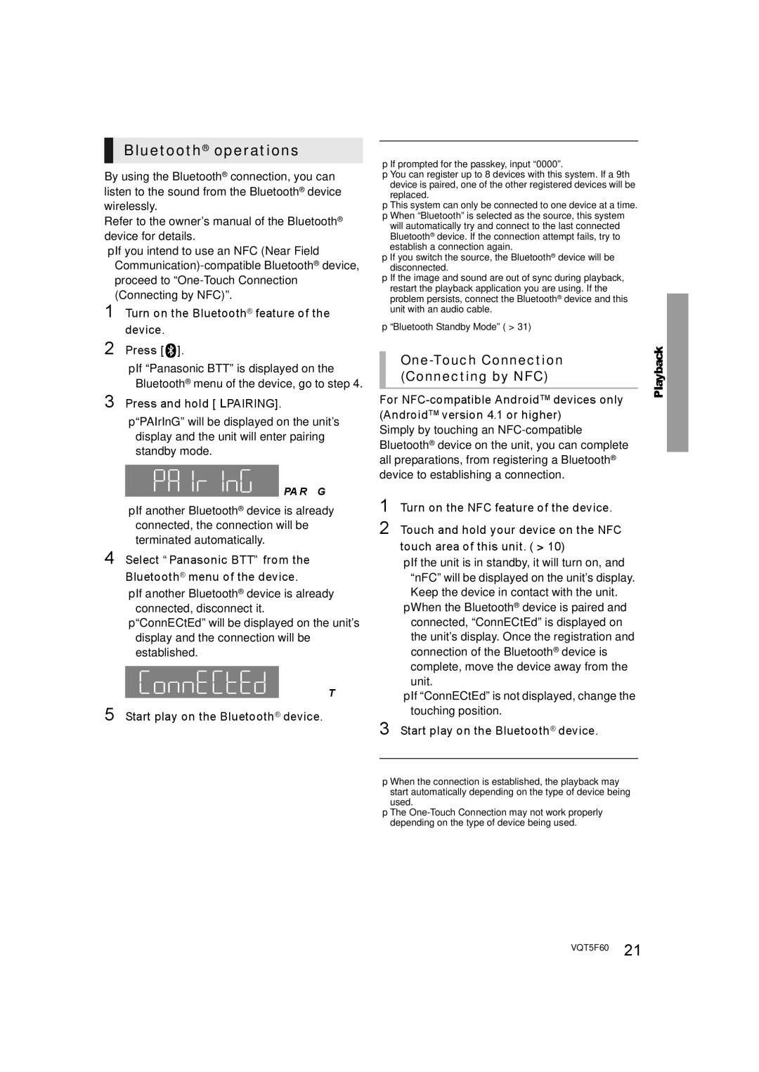 Panasonic SC-BTT405, SC-BTT465, SC-BTT466 owner manual Bluetooth operations, One-Touch Connection, Connecting by NFC 