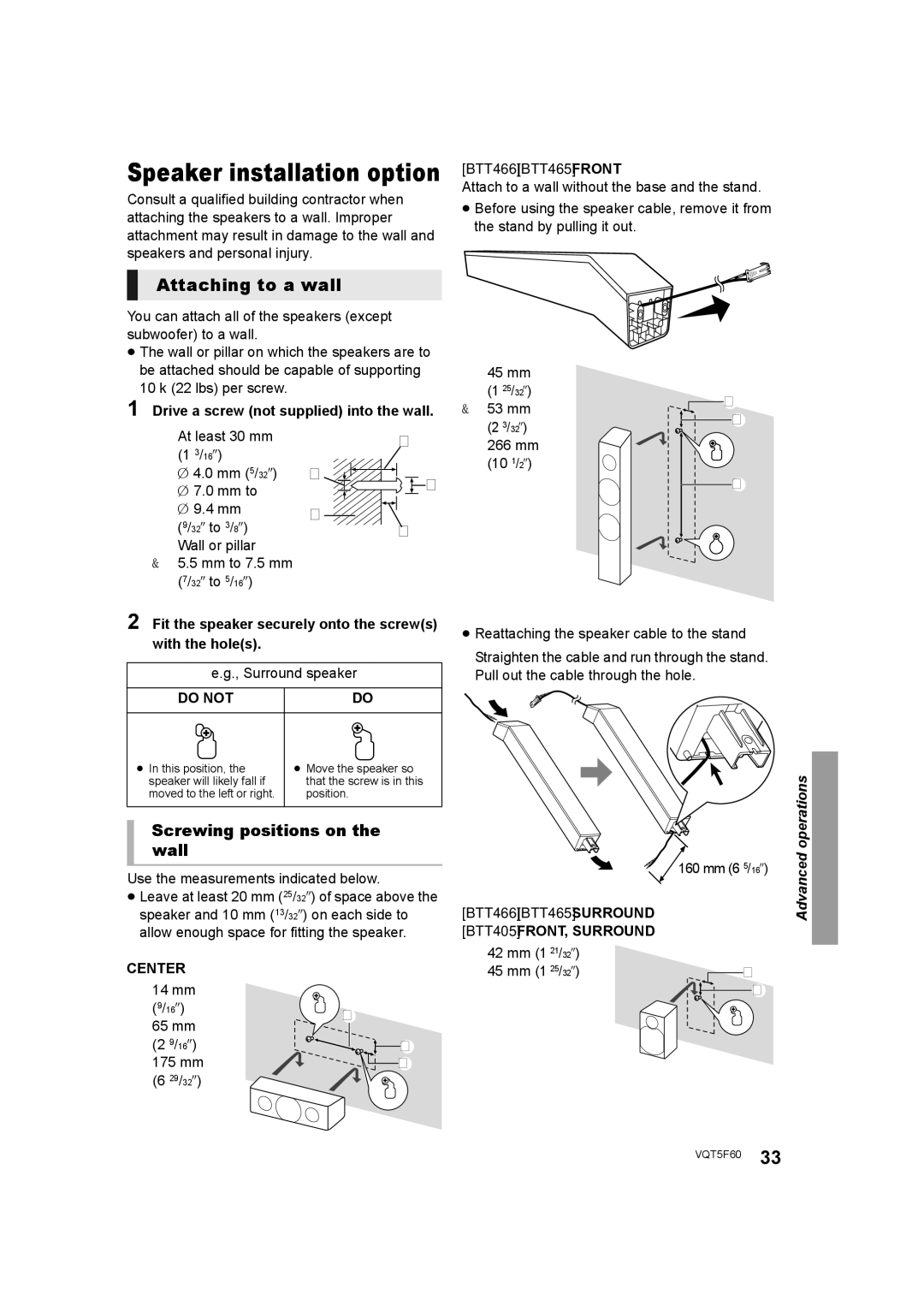 Panasonic SC-BTT405, SC-BTT465 Attaching to a wall, Screwing positions on the wall, Center, BTT405 FRONT, Surround 