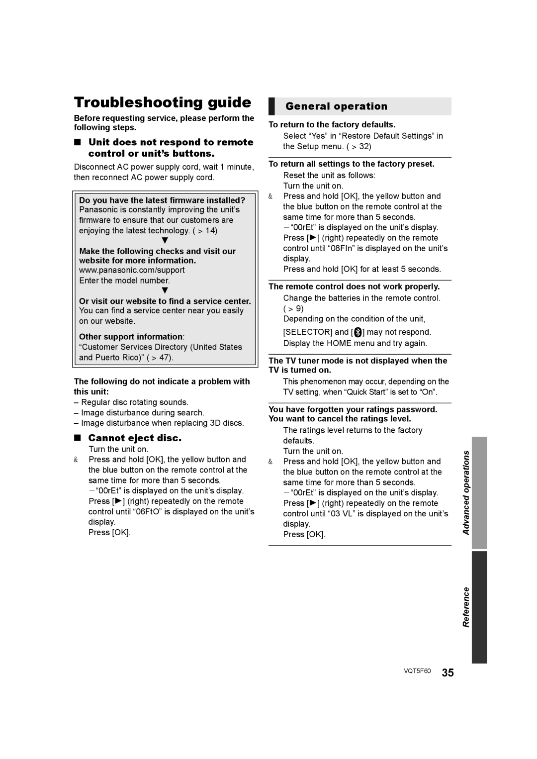 Panasonic SC-BTT466 Troubleshooting guide, General operation, Unit does not respond to remote control or unit’s buttons 