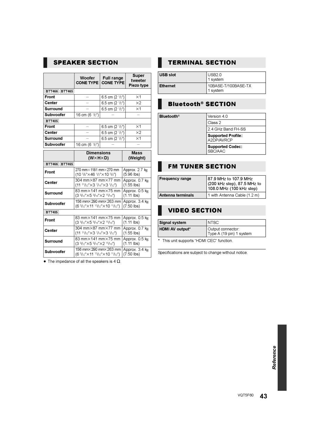 Panasonic SC-BTT465, SC-BTT405, SC-BTT466 owner manual Speaker Section Terminal Section, Bluetooth Section 