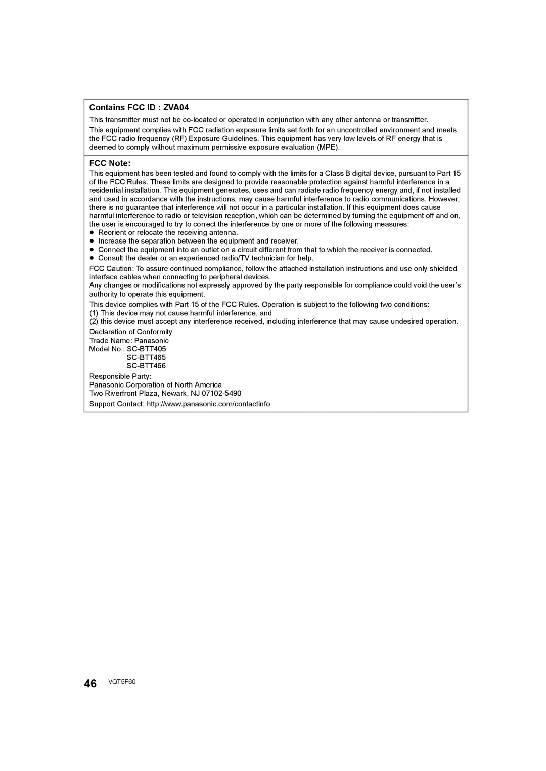 Panasonic SC-BTT465, SC-BTT405, SC-BTT466 owner manual Contains FCC ID ZVA04, FCC Note 