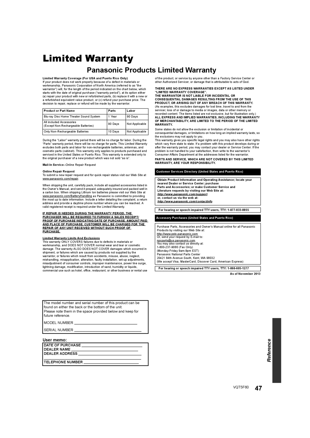 Panasonic SC-BTT466, SC-BTT405, SC-BTT465 owner manual Limited Warranty 