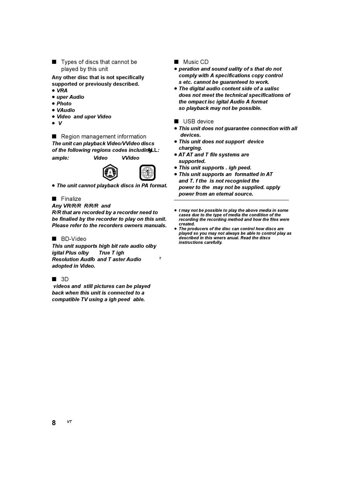 Panasonic SC-BTT466 Types of discs that cannot be played by this unit, Region management information, Finalize BD-Video 