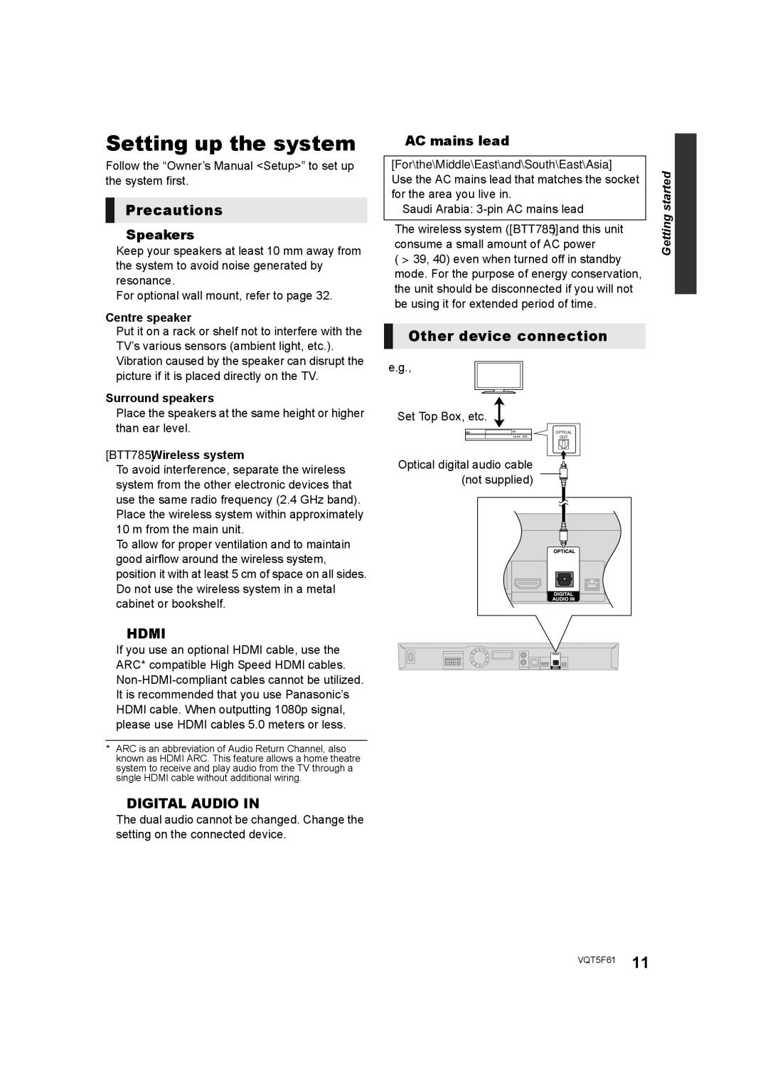 Panasonic SC-BTT433, SC-BTT405 Setting up the system, Precautions, Other device connection, Speakers, AC mains lead 