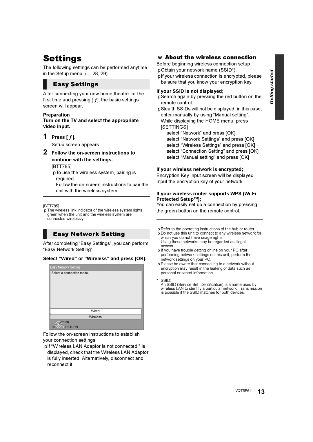 Panasonic SC-BTT465, SC-BTT405, SC-BTT785, SC-BTT433 Easy Settings, Easy Network Setting, About the wireless connection 