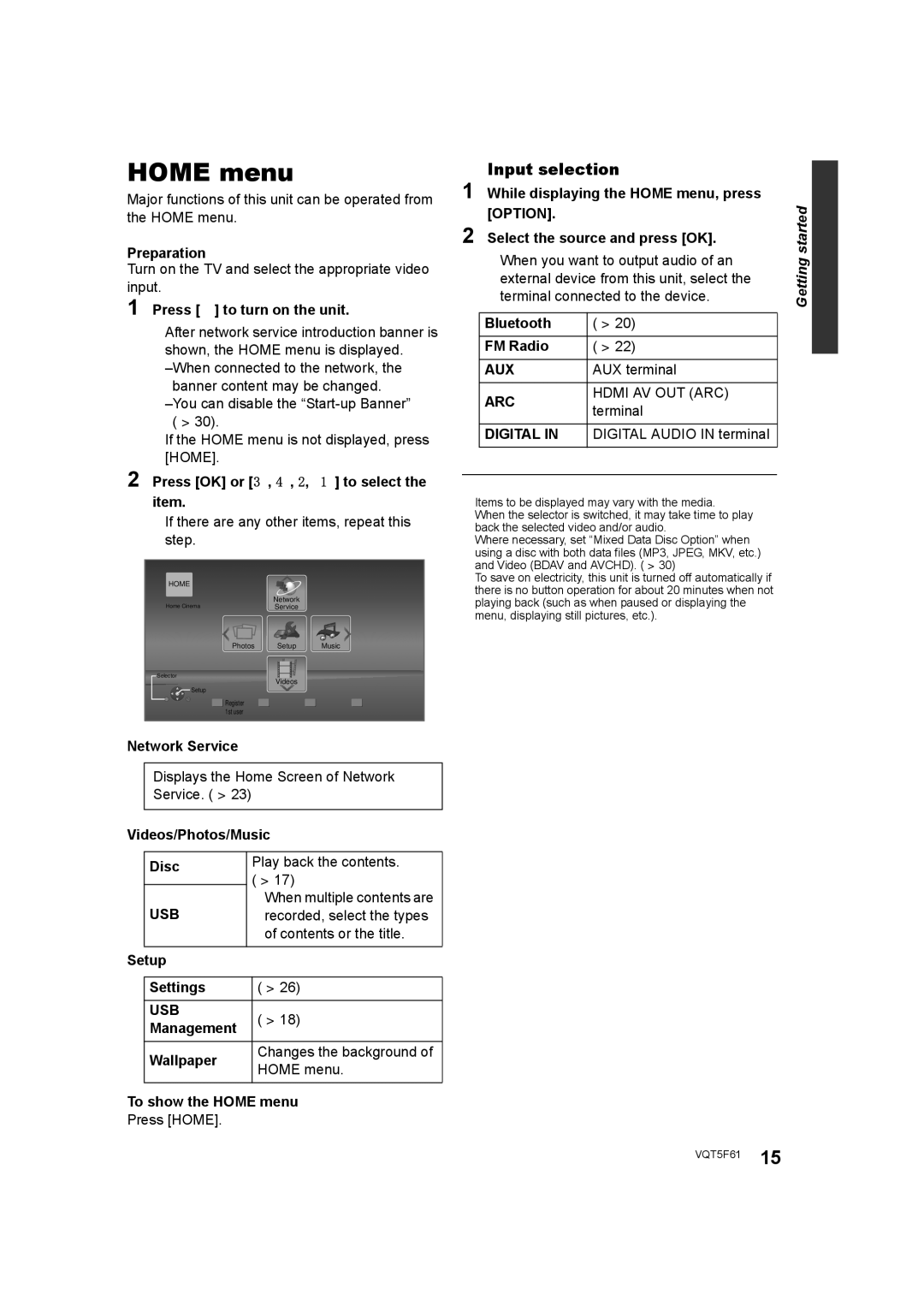 Panasonic SC-BTT433, SC-BTT405, SC-BTT465, SC-BTT785 owner manual Home menu, Input selection 