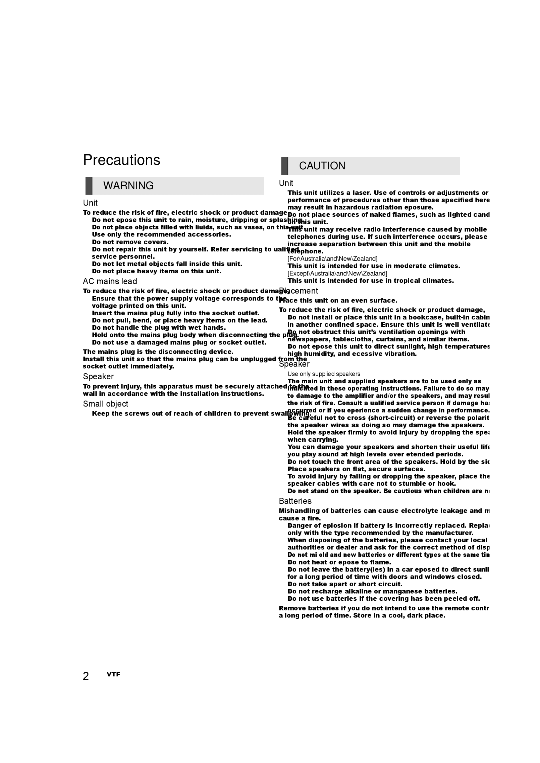 Panasonic SC-BTT785, SC-BTT405, SC-BTT465, SC-BTT433 owner manual Precautions 