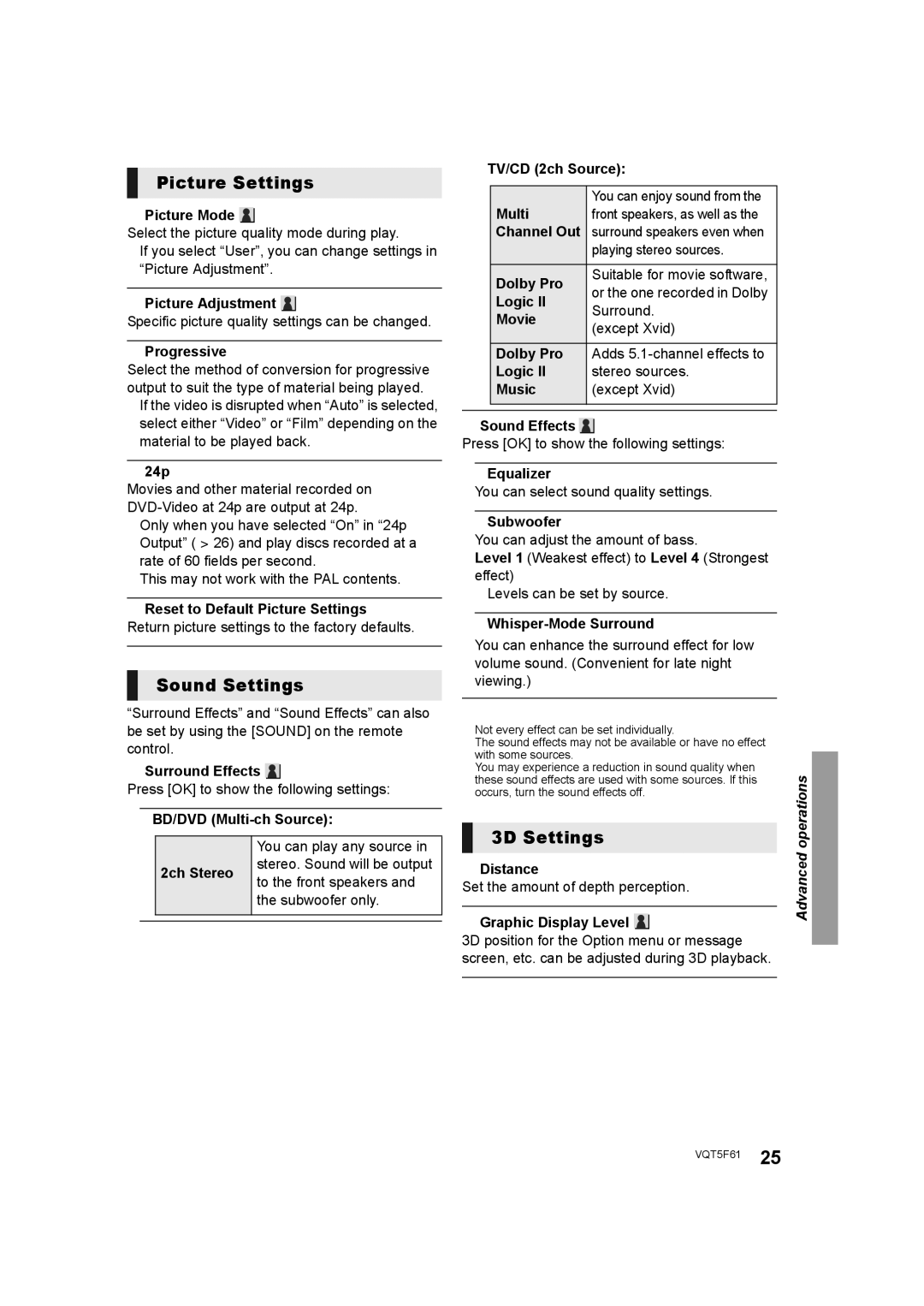 Panasonic SC-BTT465, SC-BTT405, SC-BTT785, SC-BTT433 owner manual Picture Settings, Sound Settings, 3D Settings 