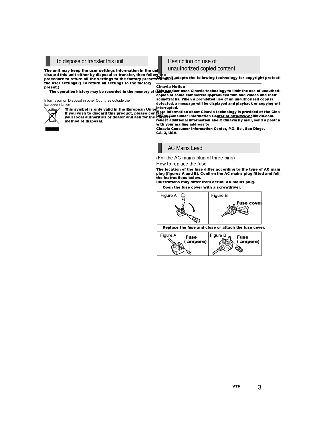 Panasonic SC-BTT433 To dispose or transfer this unit, AC Mains Lead, Restriction on use of unauthorized copied content 