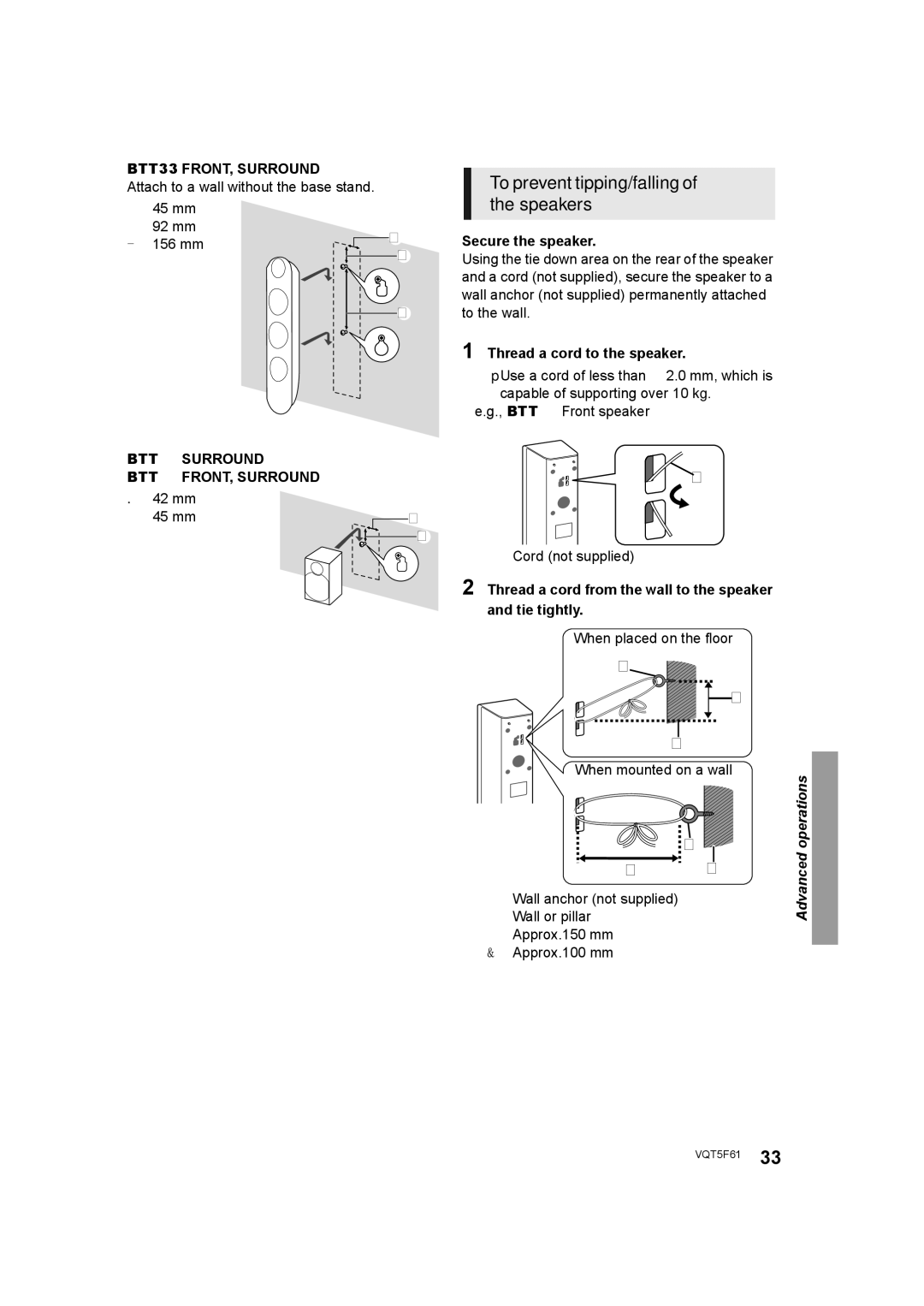 Panasonic SC-BTT465, SC-BTT405, SC-BTT785, SC-BTT433 owner manual To prevent tipping/falling, Speakers 