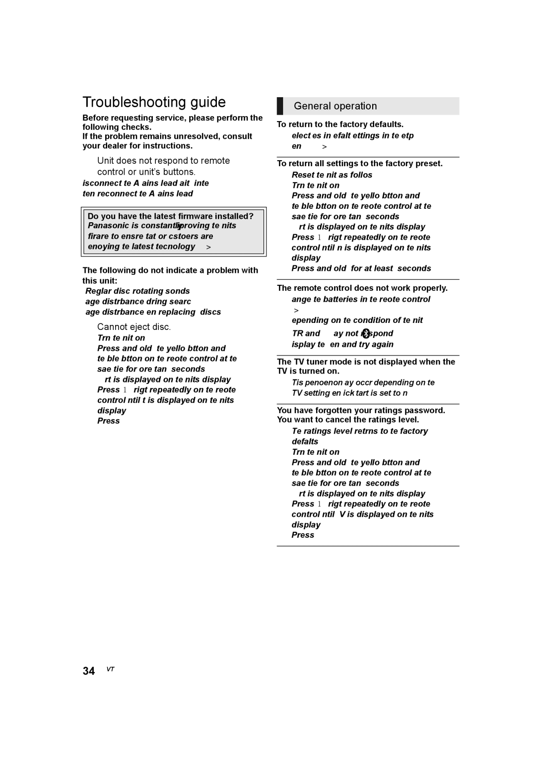 Panasonic SC-BTT785 Troubleshooting guide, General operation, Unit does not respond to remote Control or unit’s buttons 