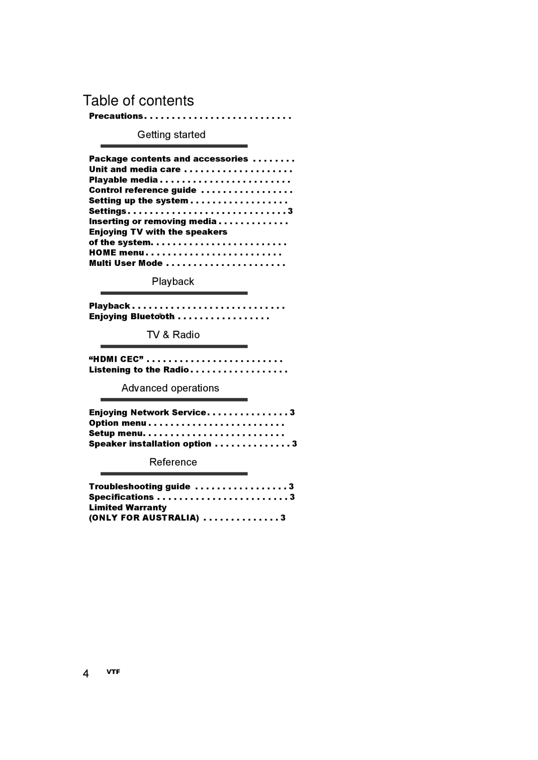 Panasonic SC-BTT405, SC-BTT465, SC-BTT785, SC-BTT433 owner manual Table of contents 