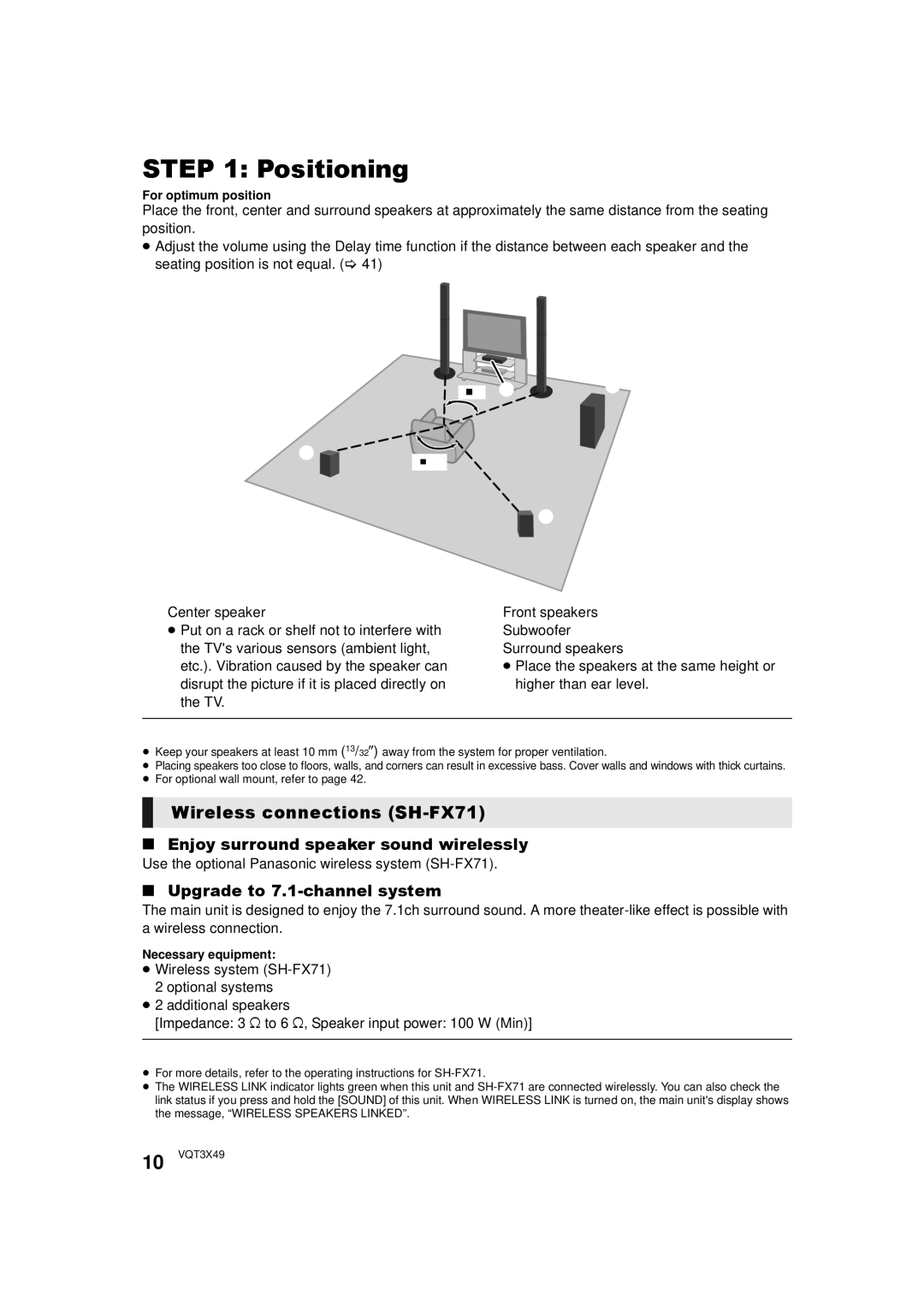 Panasonic SC-BTT490 owner manual Positioning, Wireless connections SH-FX71, 60 , Enjoy surround speaker sound wirelessly 