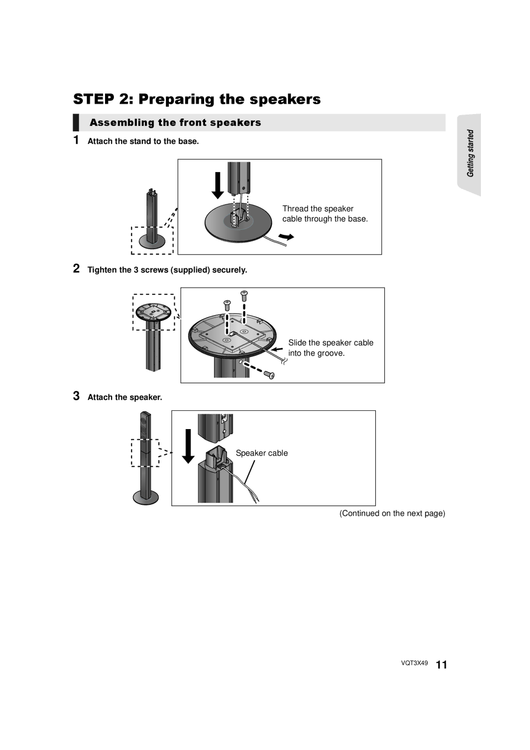 Panasonic SC-BTT490 owner manual Preparing the speakers, Assembling the front speakers, Attach the stand to the base 