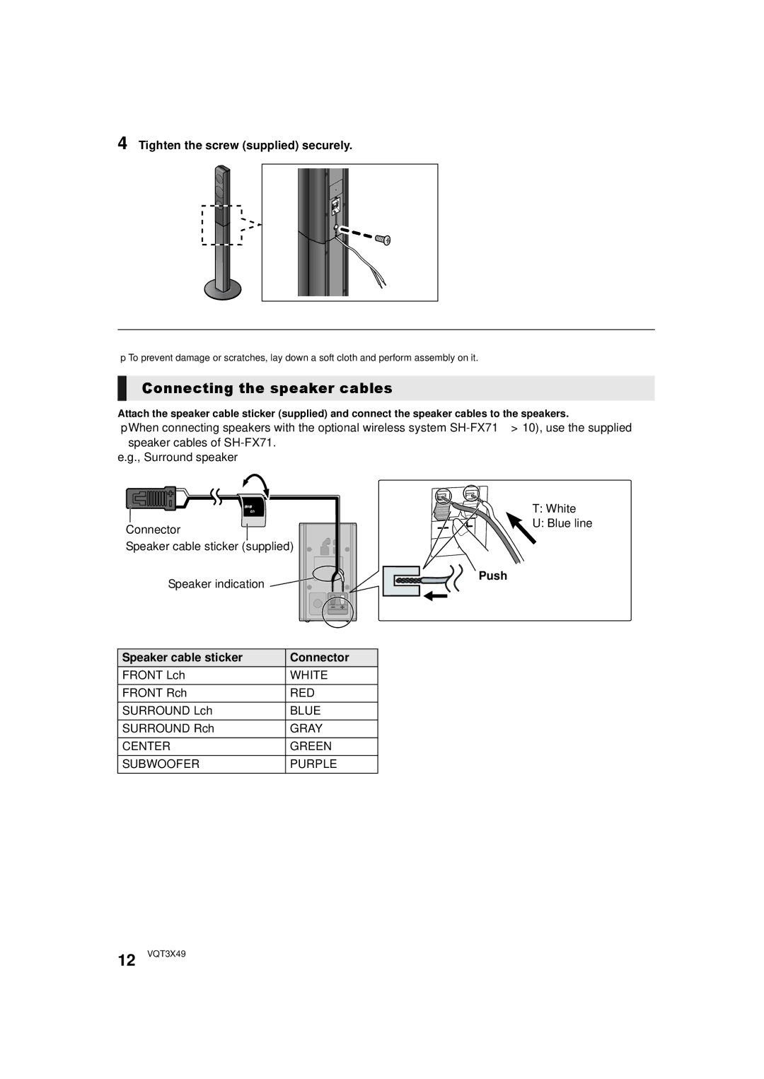 Panasonic SC-BTT490 owner manual Connecting the speaker cables, Tighten the screw supplied securely, Push 