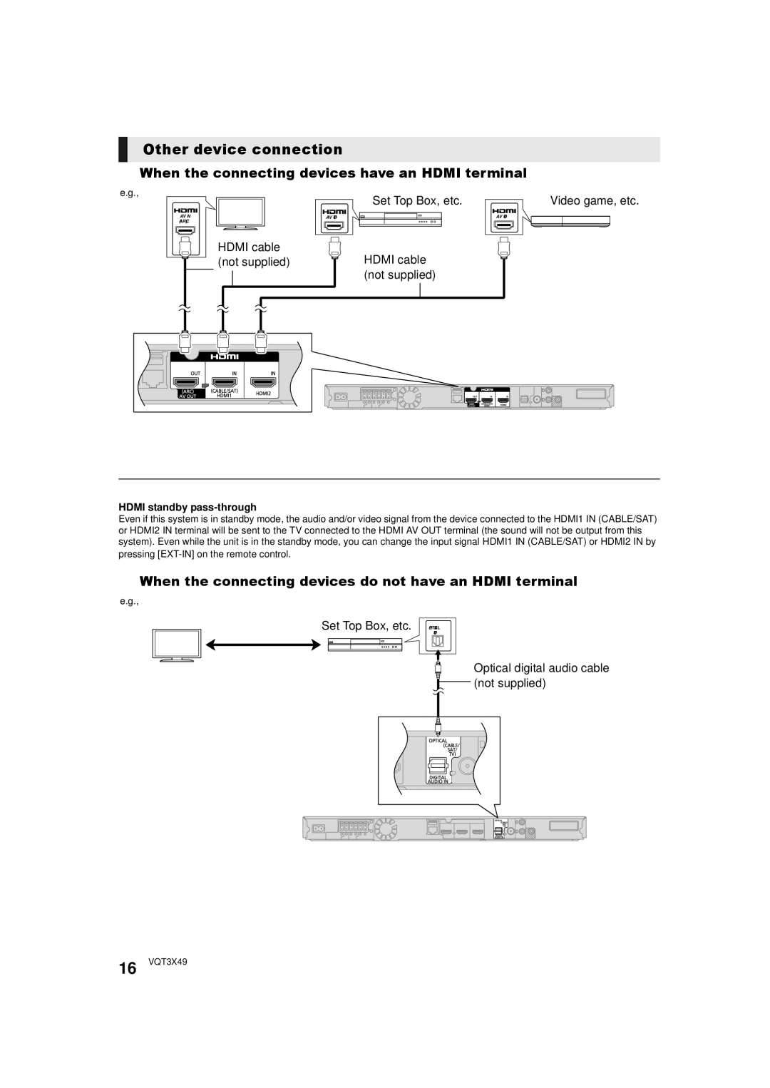 Panasonic SC-BTT490 Other device connection, When the connecting devices have an Hdmi terminal, Set Top Box, etc 