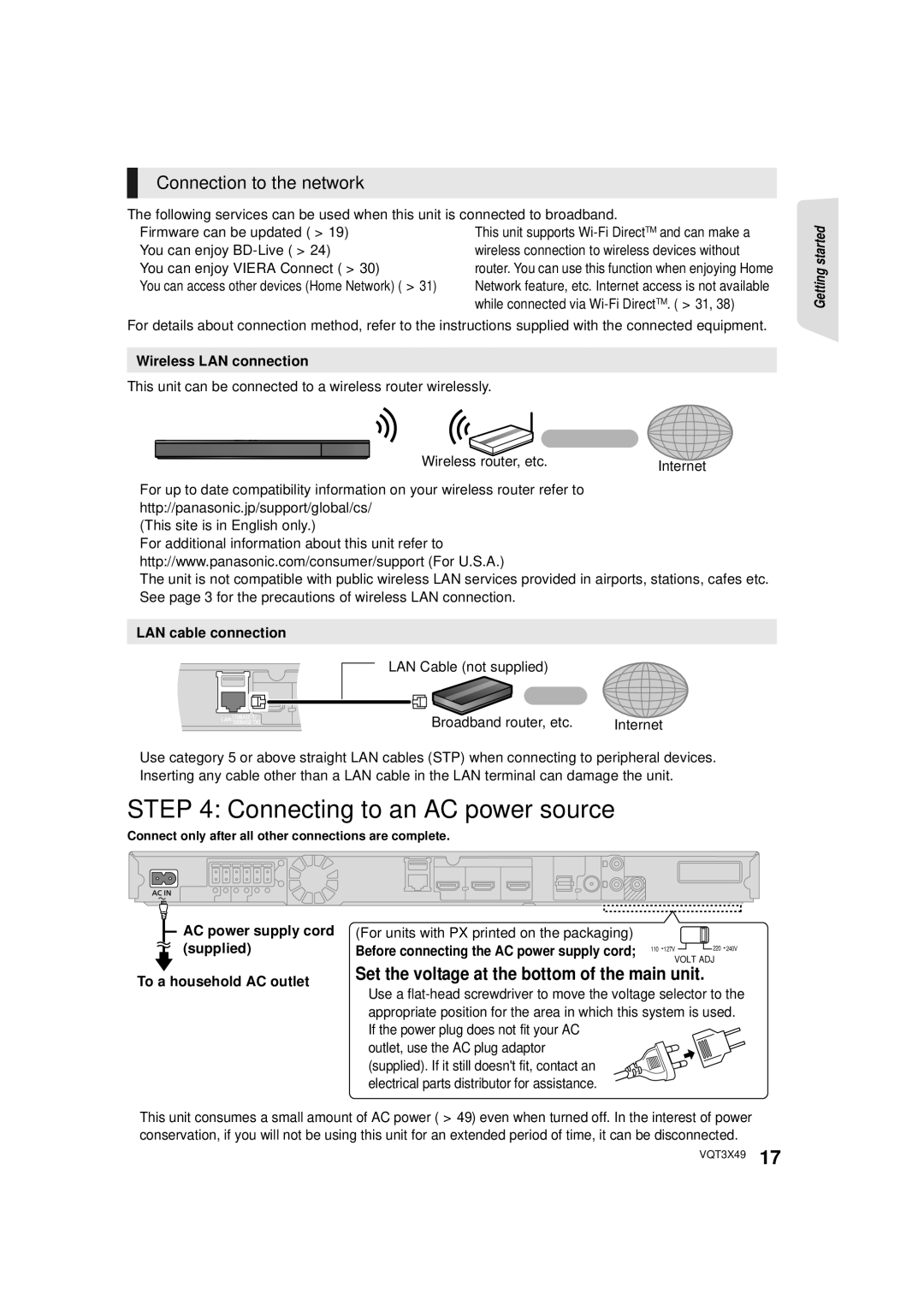 Panasonic SC-BTT490 owner manual Connecting to an AC power source, Connection to the network 