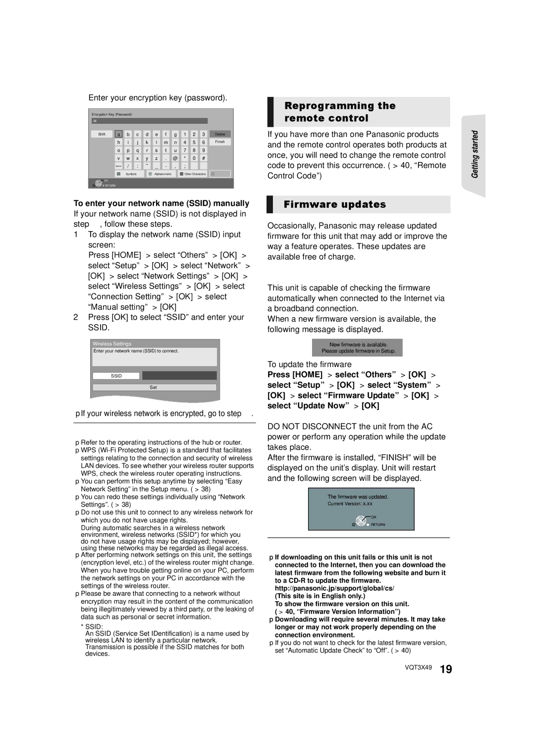 Panasonic SC-BTT490 Reprogramming the remote control, Firmware updates, To enter your network name Ssid manually 