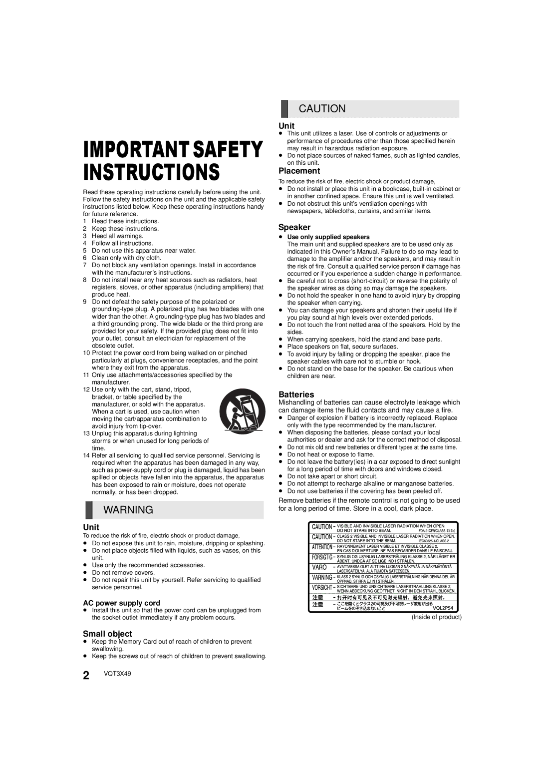 Panasonic SC-BTT490 owner manual Unit, Small object, Placement, Speaker, Batteries 