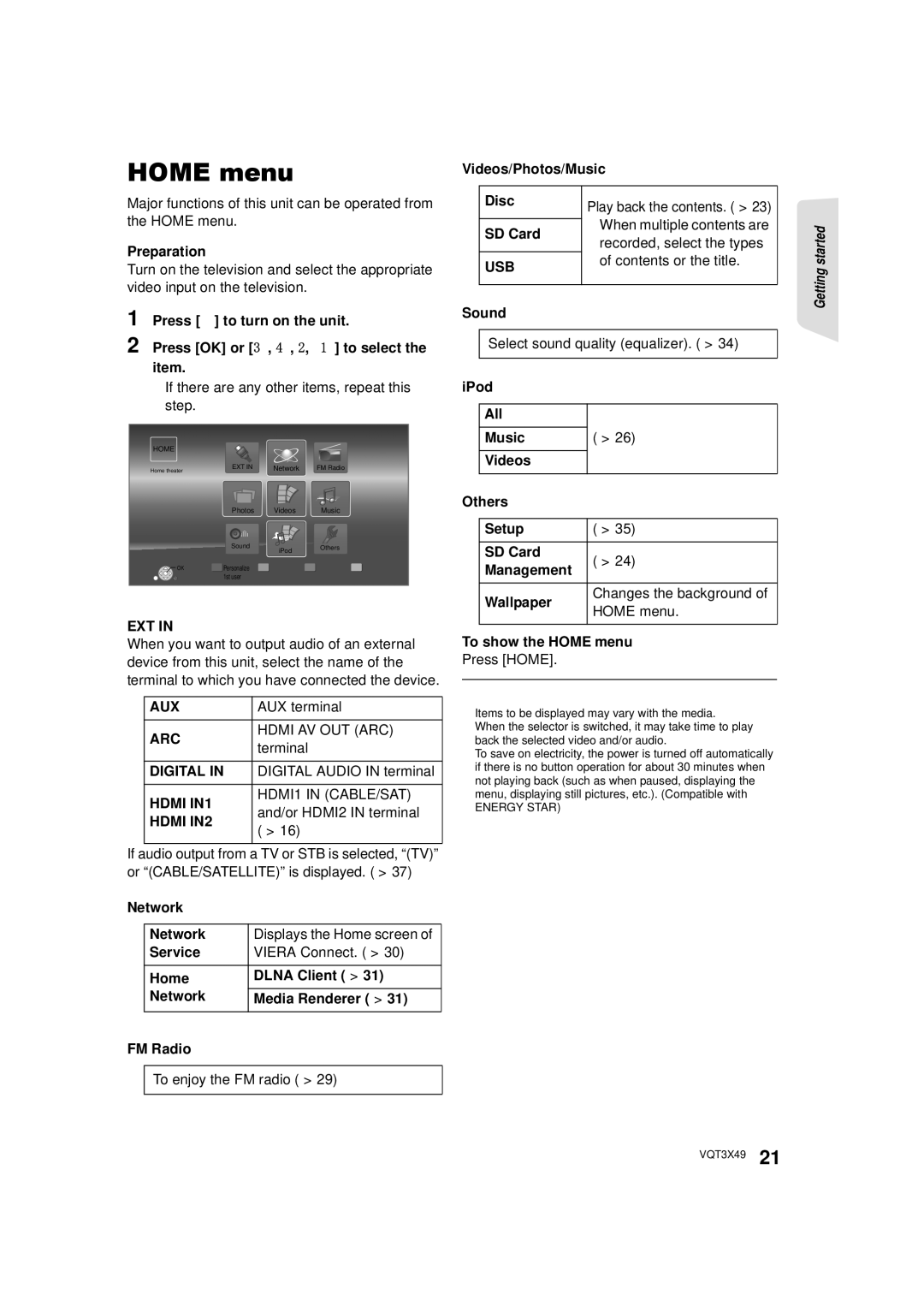 Panasonic SC-BTT490 owner manual Home menu 