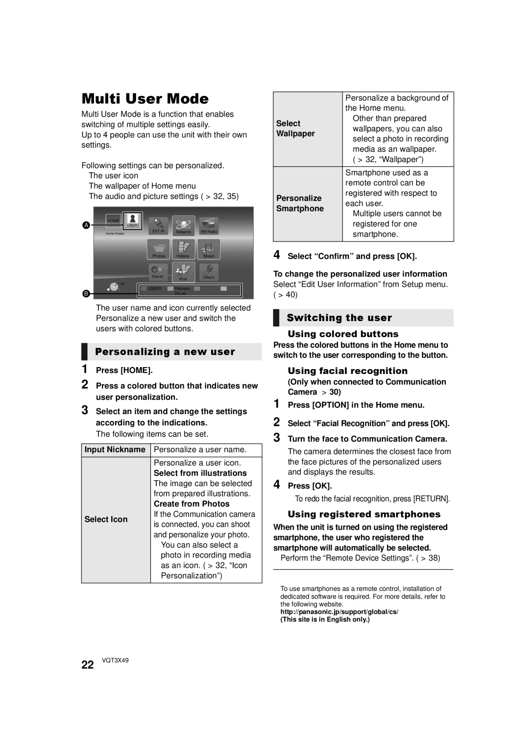 Panasonic SC-BTT490 owner manual Multi User Mode, Switching the user, Using colored buttons, Using facial recognition 