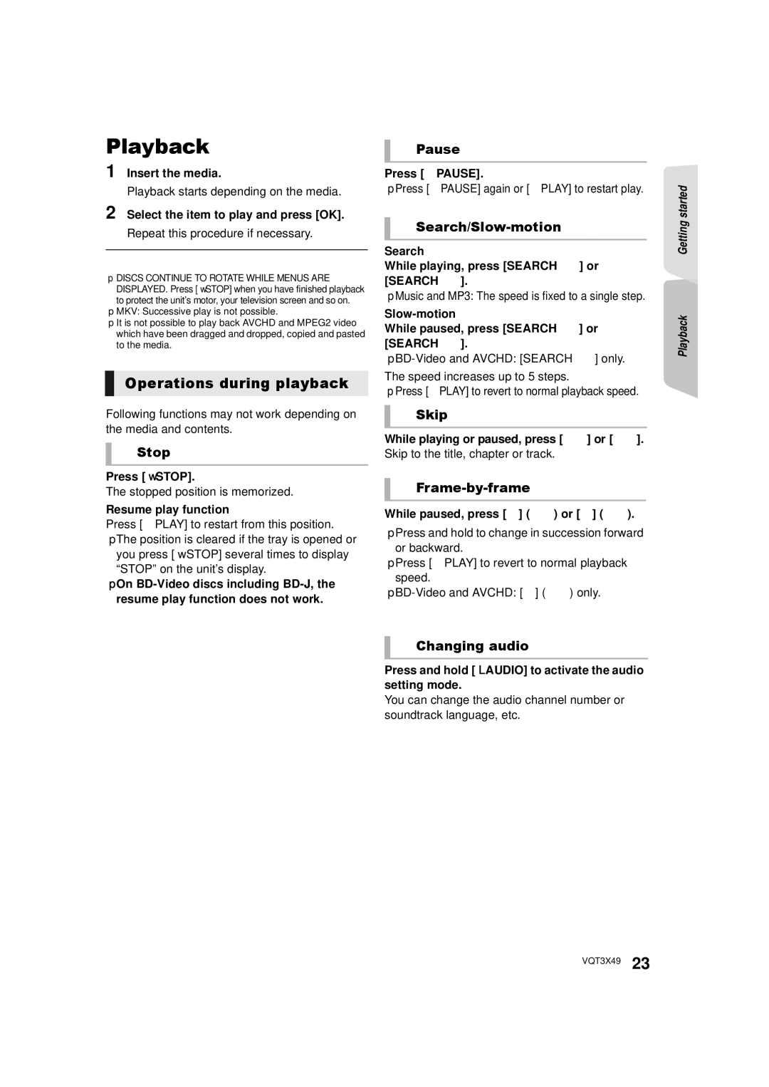 Panasonic SC-BTT490 owner manual Playback, Operations during playback 