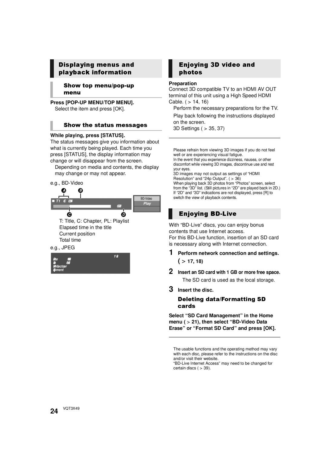 Panasonic SC-BTT490 owner manual Displaying menus and playback information, Enjoying 3D video and photos, Enjoying BD-Live 