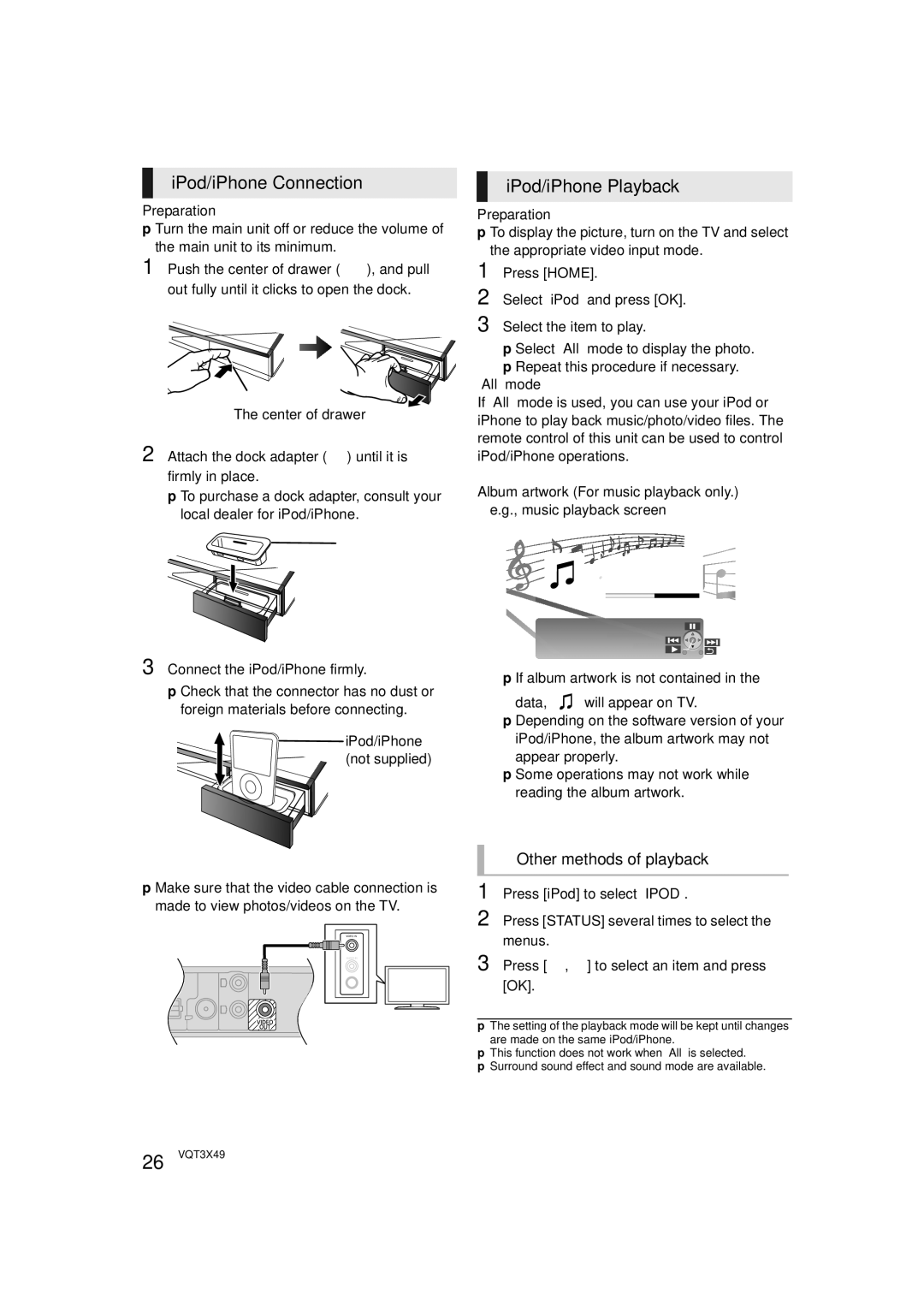 Panasonic SC-BTT490 owner manual IPod/iPhone Connection, IPod/iPhone Playback 