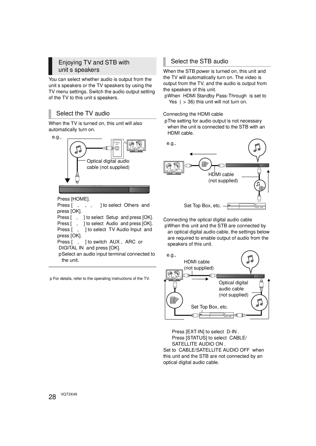 Panasonic SC-BTT490 owner manual Enjoying TV and STB with unit’s speakers, Select the TV audio, Select the STB audio 