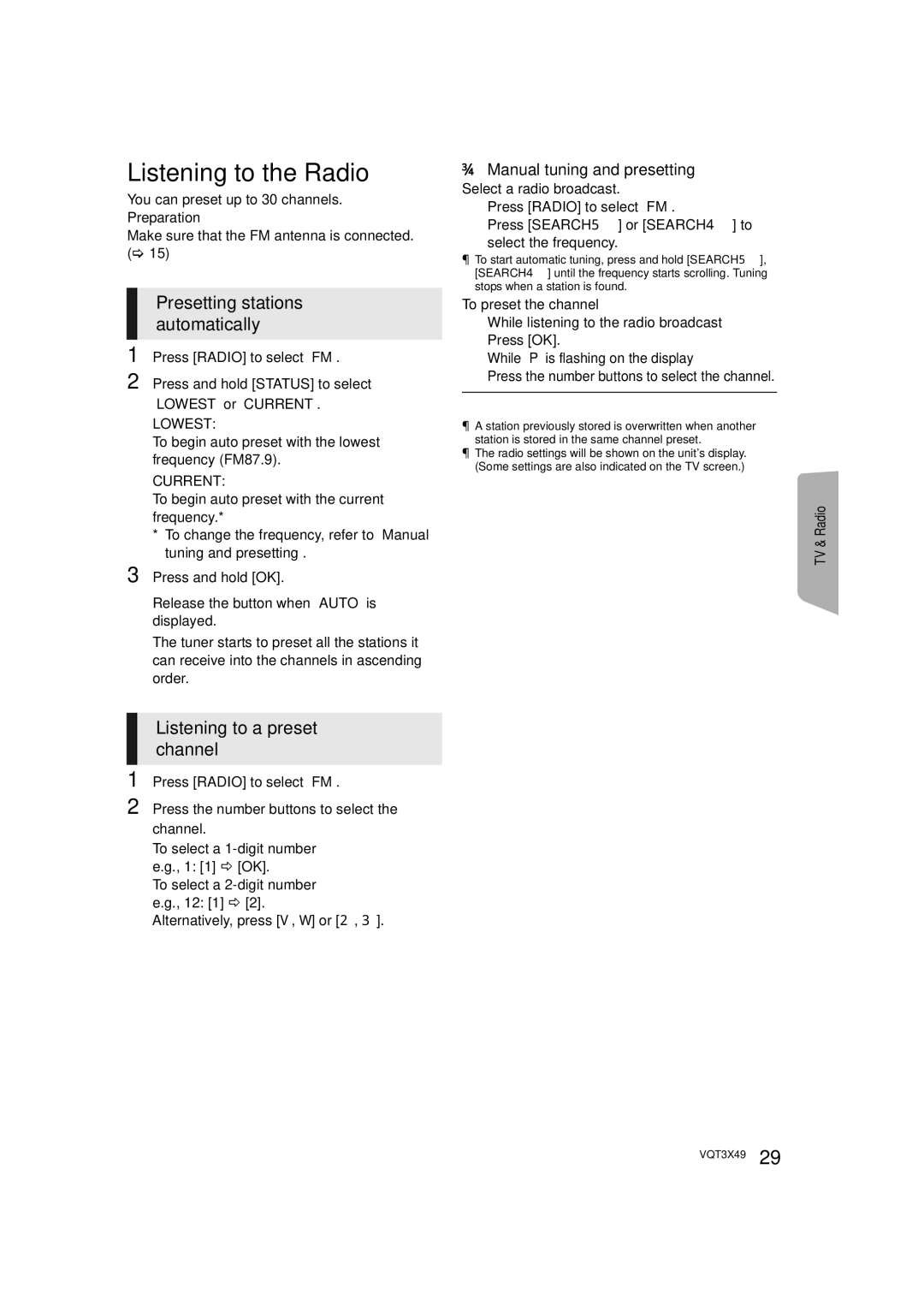 Panasonic SC-BTT490 owner manual Manual tuning and presetting 