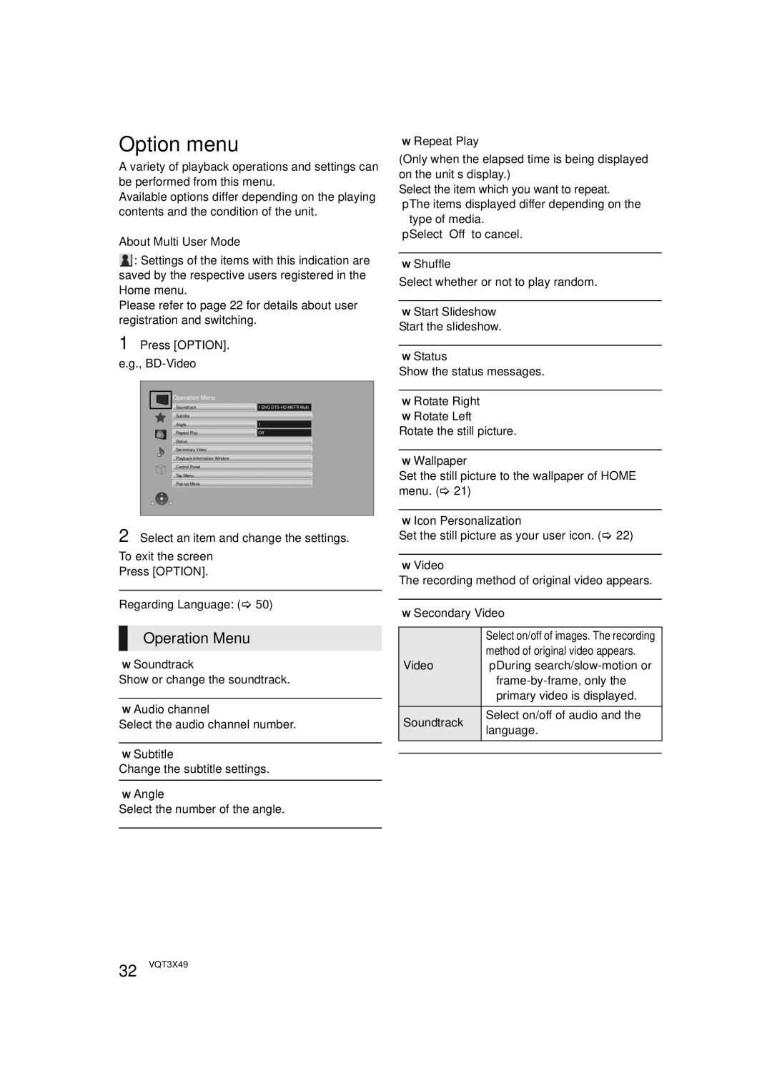 Panasonic SC-BTT490 owner manual Option menu, Operation Menu 