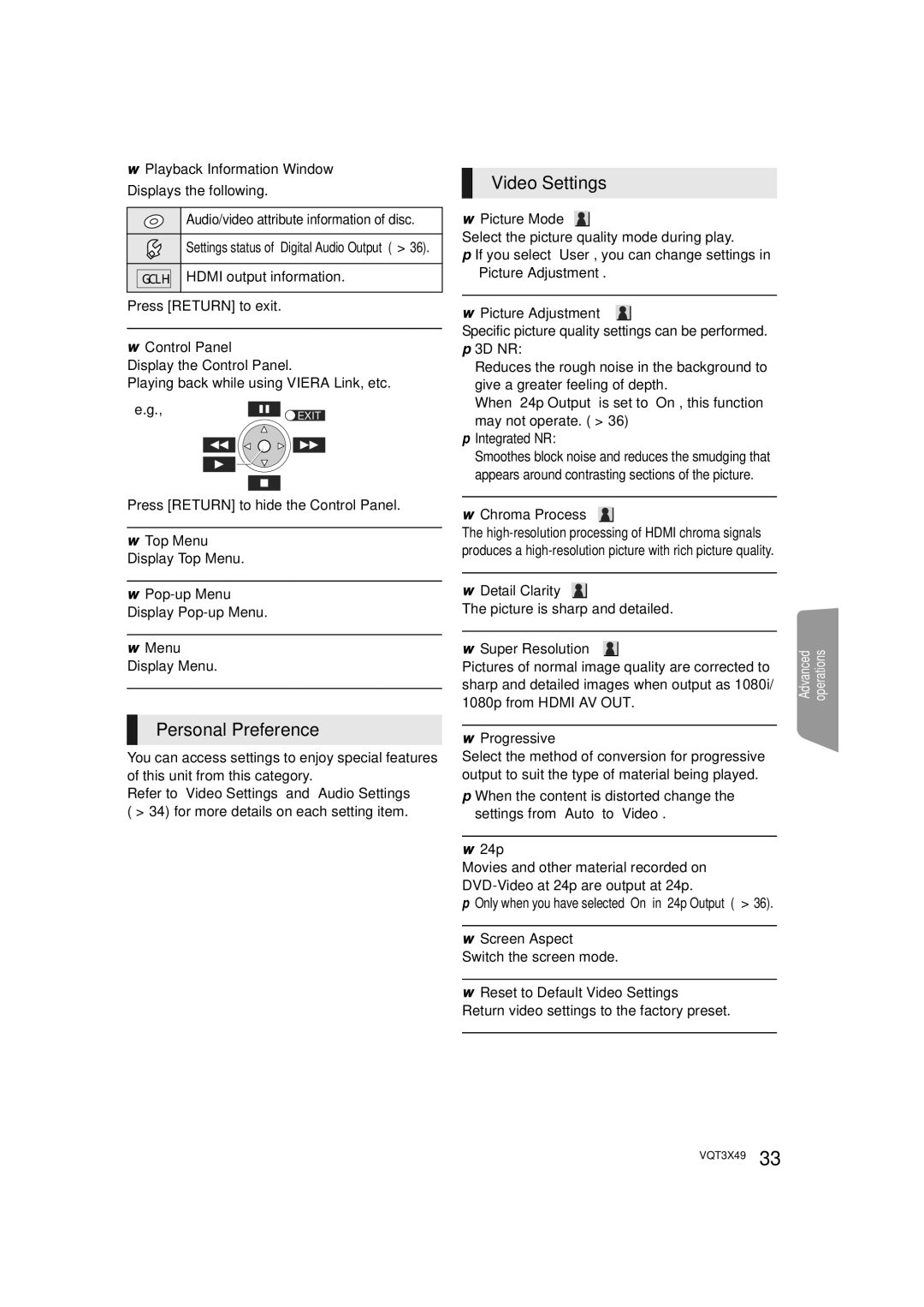 Panasonic SC-BTT490 owner manual Personal Preference, Video Settings 