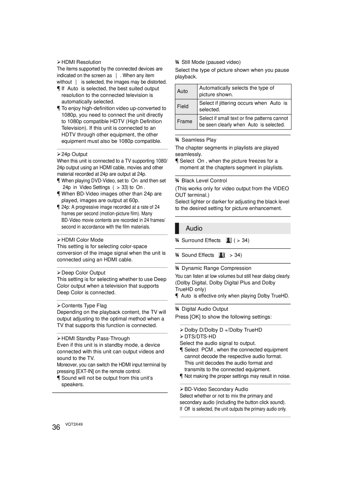 Panasonic SC-BTT490 owner manual Audio, ¾ DTS/DTS-HD 